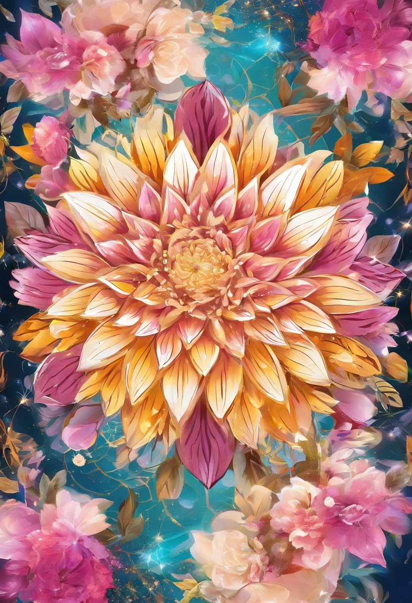 Digital art detailed for the best masterpieces, Highest Quality, with sparkling delicate yellow and pink dahlia flowers with elegant leaves,、Flowers against the background of colorful diamonds, Graceful stems, And delicate, And elegant, flowey, Glittering petals, flowercore, surrounded flower, Radiant magic representing flowers, Beautiful animations, 16k race bright flowers, Beautiful Art U Hard Disk 4k, Detailed Painting in 4K, Beautiful flowers and crystals, Luminous flowers, huge flower, light bloom, full bloom, Glowing flowers with bloom ether effect, Magic colorful flowers with flower pieces in the middle of the garden, floral environment, Beautiful Art U Hard Disk 4k, magical flowers, Flower explosion, Beautiful digital painting detailed in emergency digital photography, Detailed Painting in 4K, background artwork, Flower explosion, Floral flower color, highly-detailed digital painting, Appeared in 4K, Best Quality, hight resolution, 1080p, hard disk, 4K, 8K
