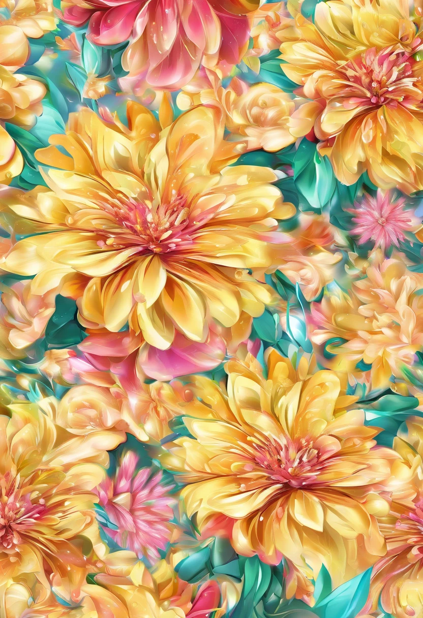 Digital art detailed for the best masterpieces, Highest Quality, with sparkling delicate yellow and pink dahlia flowers with elegant leaves,、Flowers against the background of colorful diamonds, Graceful stems, And delicate, And elegant, flowey, Glittering petals, flowercore, surrounded flower, Radiant magic representing flowers, Beautiful animations, 16k race bright flowers, Beautiful Art U Hard Disk 4k, Detailed Painting in 4K, Beautiful flowers and crystals, Luminous flowers, huge flower, light bloom, full bloom, Glowing flowers with bloom ether effect, Magic colorful flowers with flower pieces in the middle of the garden, floral environment, Beautiful Art U Hard Disk 4k, magical flowers, Flower explosion, Beautiful digital painting detailed in emergency digital photography, Detailed Painting in 4K, background artwork, Flower explosion, Floral flower color, highly-detailed digital painting, Appeared in 4K, Best Quality, hight resolution, 1080p, hard disk, 4K, 8K