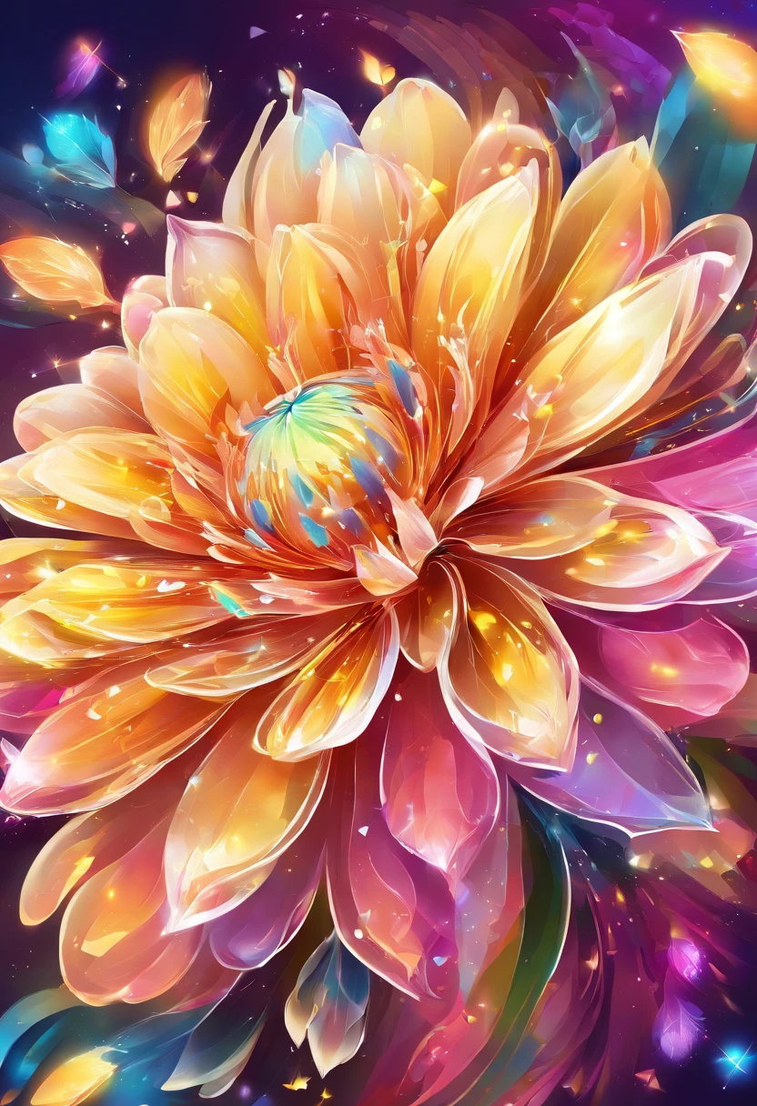 Digital art detailed for the best masterpieces, Highest Quality, with sparkling delicate yellow and pink dahlia flowers with elegant leaves,、Flowers against the background of colorful diamonds, Graceful stems, And delicate, And elegant, flowey, Glittering petals, flowercore, surrounded flower, Radiant magic representing flowers, Beautiful animations, 16k race bright flowers, Beautiful Art U Hard Disk 4k, Detailed Painting in 4K, Beautiful flowers and crystals, Luminous flowers, huge flower, light bloom, full bloom, Glowing flowers with bloom ether effect, Magic colorful flowers with flower pieces in the middle of the garden, floral environment, Beautiful Art U Hard Disk 4k, magical flowers, Flower explosion, Beautiful digital painting detailed in emergency digital photography, Detailed Painting in 4K, background artwork, Flower explosion, Floral flower color, highly-detailed digital painting, Appeared in 4K, Best Quality, hight resolution, 1080p, hard disk, 4K, 8K