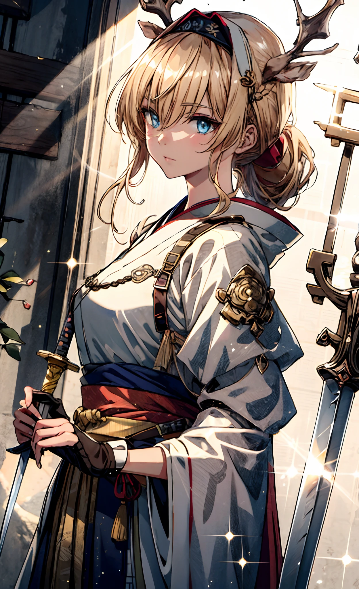Masterpiece, Best quality, 1girll, Golden hair, blue color eyes, Female swordsman walking, Dutch angle, Cinematic, voluminetric lighting, rays of sunshine, Soft lighting, mistic, magical, rim lit, fantasy, Sparkle, glimmering, Ponytail hairstyle, Hanfu, Carrying a sword on his back, Ancient China, White and yellow clothes, Bird, The crane, Long hair, thick eyebrow