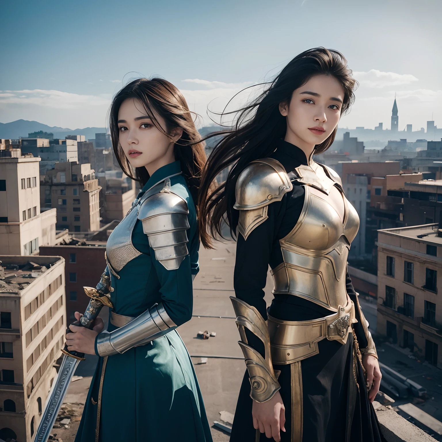 ((Two Women, Stand on top of an abandoned building, close-up, Realistic)) true-to-life visuals, artistic refinement, seductive beauty, dramatic contrasts, 8K Wallpapers, absurdity, incredible absurdity, golden armour, Gadasin Taigao Danfusheng, (holding a silver sword)), floating hair in the air, ((in fighting)), ((Best Quality: 1.5))