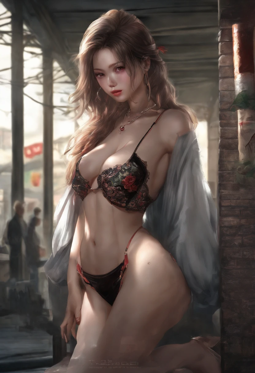 A pornographic girl wearing Chinese underwear,s the perfect face,Wearing black stockings,Wear stiletto heels,with tattoos,Have on the street,CG,A beautiful girl who is being spanked...just the face, biting lips and tears, incredibly detailed,ultra-realistic realism