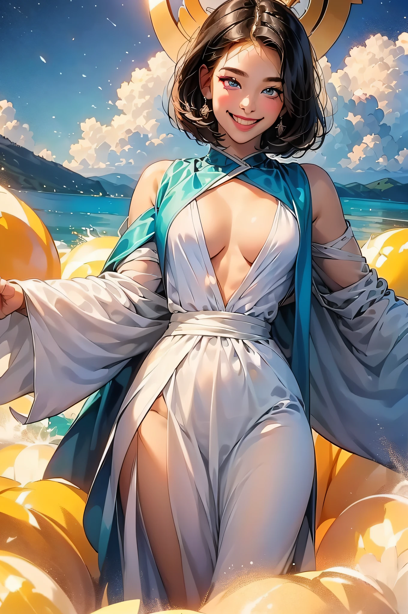 (in 8K、top-quality、​masterpiece:1.2)、1人の女性、(Smiling smile:1.1)、beautidful eyes、Valley、The upper part of the body、shorth hair、Like a boy、bob cuts、huge tit、Blue View、