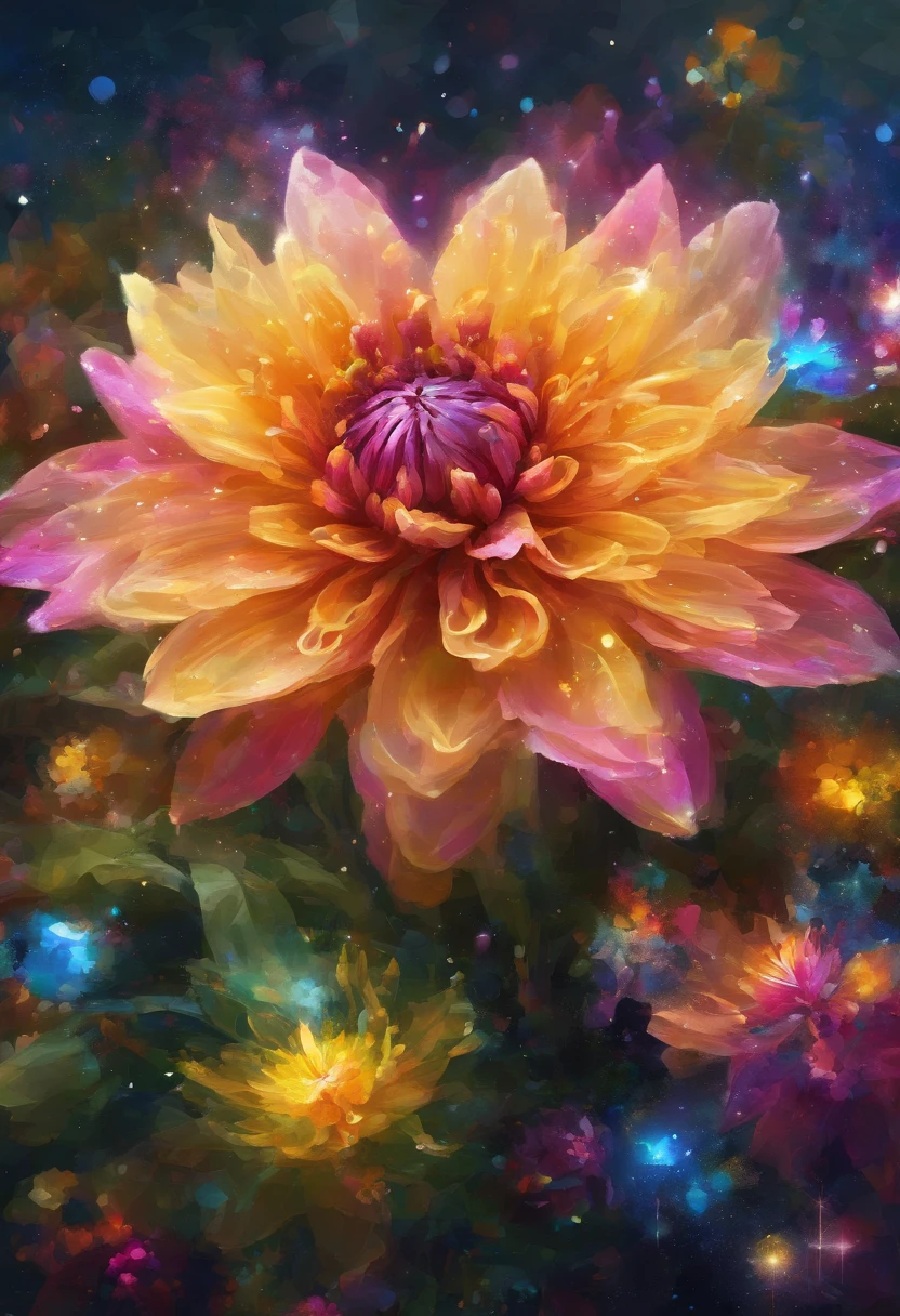 Digital art detailed for the best masterpieces, Highest Quality, with sparkling delicate yellow and pink dahlia flowers with elegant leaves,、Flowers against the background of colorful diamonds, Graceful stems, And delicate, And elegant, flowey, Glittering petals, flowercore, surrounded flower, Radiant magic representing flowers, Beautiful animations, 16k race bright flowers, Beautiful Art U Hard Disk 4k, Detailed Painting in 4K, Beautiful flowers and crystals, Luminous flowers, huge flower, light bloom, full bloom, Glowing flowers with bloom ether effect, Magic colorful flowers with flower pieces in the middle of the garden, floral environment, Beautiful Art U Hard Disk 4k, magical flowers, Flower explosion, Beautiful digital painting detailed in emergency digital photography, Detailed Painting in 4K, background artwork, Flower explosion, Floral flower color, highly-detailed digital painting, Appeared in 4K, Best Quality, hight resolution, 1080p, hard disk, 4K, 8K
