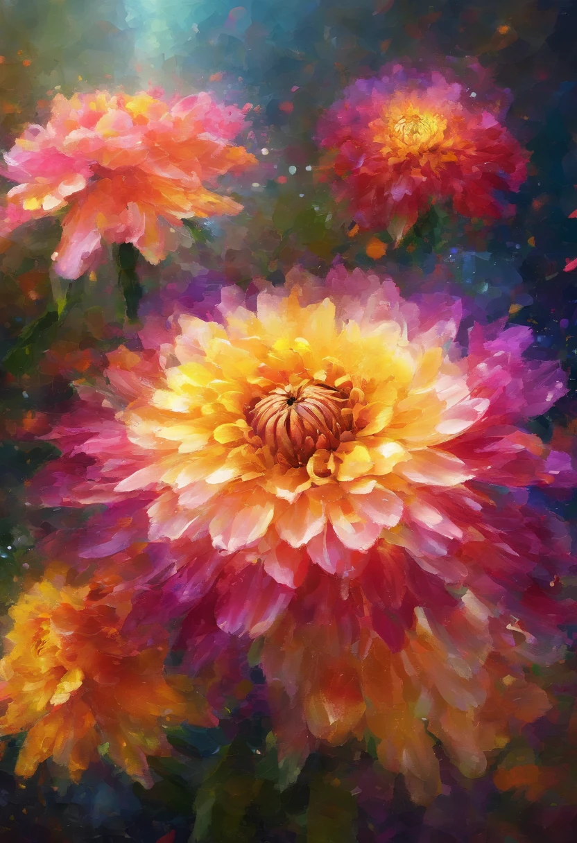 Digital art detailed for the best masterpieces, Highest Quality, with sparkling delicate yellow and pink dahlia flowers with elegant leaves,、Flowers against the background of colorful diamonds, Graceful stems, And delicate, And elegant, flowey, Glittering petals, flowercore, surrounded flower, Radiant magic representing flowers, Beautiful animations, 16k race bright flowers, Beautiful Art U Hard Disk 4k, Detailed Painting in 4K, Beautiful flowers and crystals, Luminous flowers, huge flower, light bloom, full bloom, Glowing flowers with bloom ether effect, Magic colorful flowers with flower pieces in the middle of the garden, floral environment, Beautiful Art U Hard Disk 4k, magical flowers, Flower explosion, Beautiful digital painting detailed in emergency digital photography, Detailed Painting in 4K, background artwork, Flower explosion, Floral flower color, highly-detailed digital painting, Appeared in 4K, Best Quality, hight resolution, 1080p, hard disk, 4K, 8K