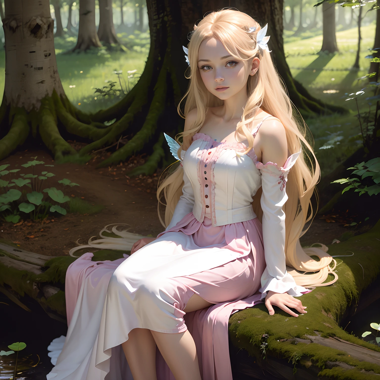 ((High quality)), ((masutepiece)), 8K, Highly detailed CG Unity 8K wallpaper, Light pink lips, Looking at Viewer, Trees, White skin, light brown hair, Long hair, mystery, fairy tail, levitation, butterflys, Warm, Brown eyes, Sitting in the woods, long white dress, thin skirt, Dreamy, Realistic lighting, Backlight, face lights, Ray Tracking, fine detailed eyes, Detailed face, Fine quality eyes, Looks like a princess, fairy tail, Tight spaces, hair blowing in wind, Skirt flutters