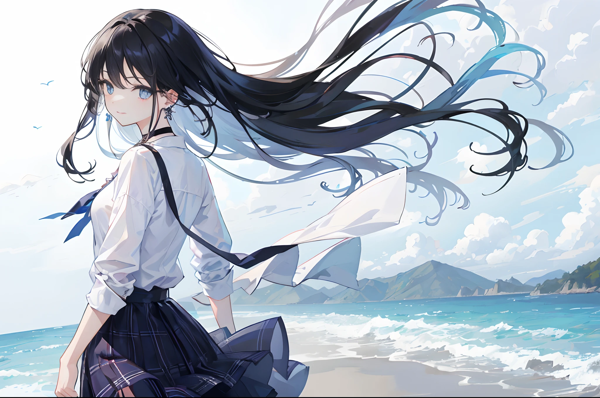 masterpiece, top-quality, hight resolution, , 1girl in, Black hair, length hair, Dark hair, Blue eyes, jewely, (Turn)、耳Nipple Ring, piercings, 校服, white shirt, Tied shirt, a black choker, Blue tie, plaid skirts, show the grinps, A smile, Rear view. turned around. is standing, cowboy shot, plein air、The wind is blowing、Hair swaying in the wind、Incredibly accurate、very extremely beautiful