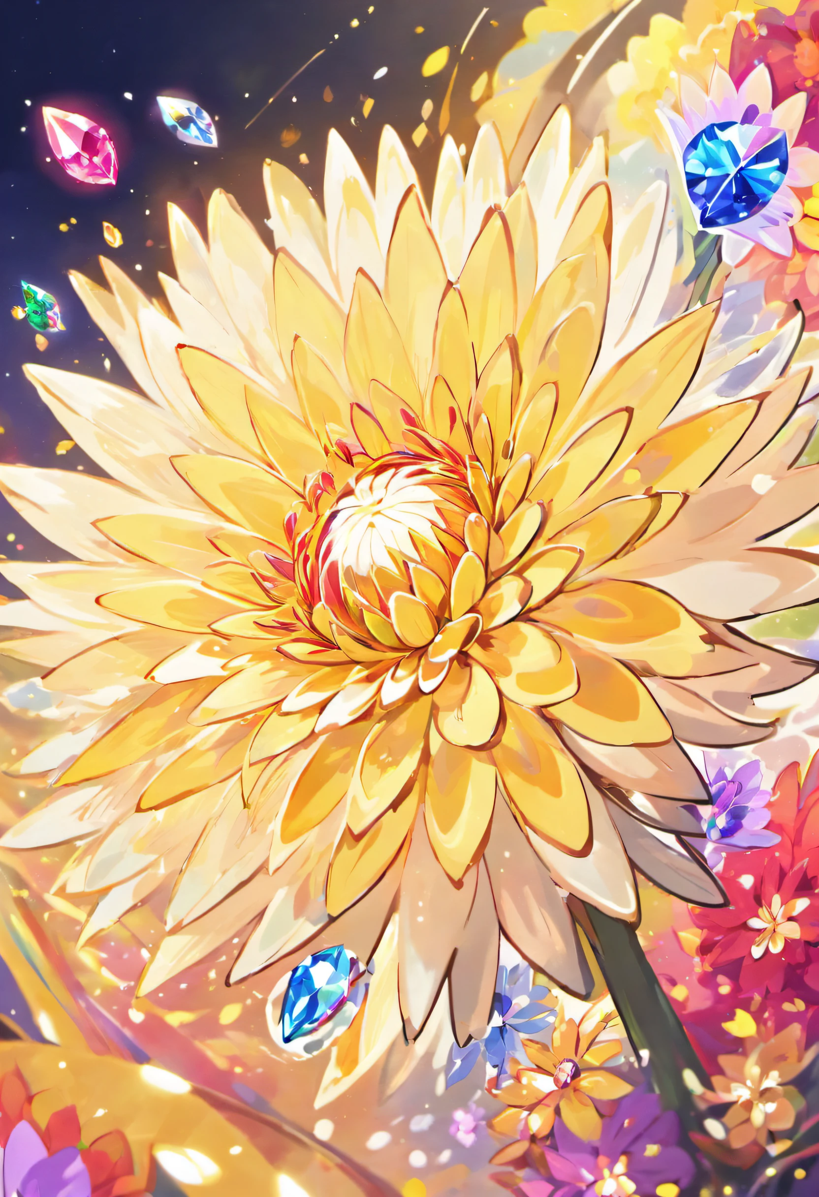 Digital art detailed for the best masterpieces, Highest Quality, with sparkling delicate yellow and pink dahlia flowers with elegant leaves,、Flowers against the background of colorful diamonds, Graceful stems, And delicate, And elegant, flowey, Glittering petals, flowercore, surrounded flower, Radiant magic representing flowers, Beautiful animations, 16k race bright flowers, Beautiful Art U Hard Disk 4k, Detailed Painting in 4K, Beautiful flowers and crystals, Luminous flowers, huge flower, light bloom, full bloom, Glowing flowers with bloom ether effect, Magic colorful flowers with flower pieces in the middle of the garden, floral environment, Beautiful Art U Hard Disk 4k, magical flowers, Flower explosion, Beautiful digital painting detailed in emergency digital photography, Detailed Painting in 4K, background artwork, Flower explosion, Floral flower color, highly-detailed digital painting, Appeared in 4K, Best Quality, hight resolution, 1080p, hard disk, 4K, 8K