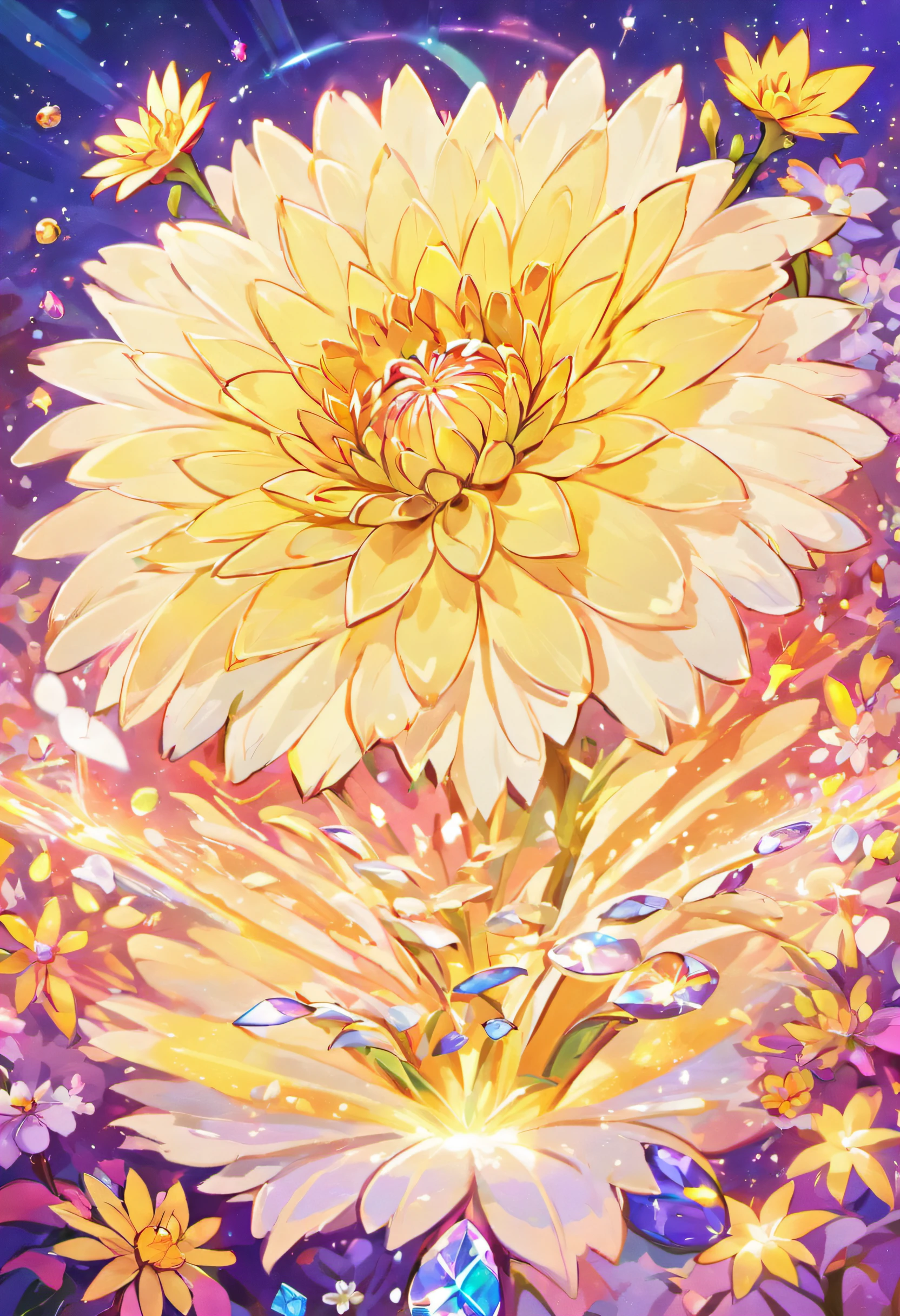 Digital art detailed for the best masterpieces, Highest Quality, with sparkling delicate yellow and pink dahlia flowers with elegant leaves,、Flowers against the background of colorful diamonds, Graceful stems, And delicate, And elegant, flowey, Glittering petals, flowercore, surrounded flower, Radiant magic representing flowers, Beautiful animations, 16k race bright flowers, Beautiful Art U Hard Disk 4k, Detailed Painting in 4K, Beautiful flowers and crystals, Luminous flowers, huge flower, light bloom, full bloom, Glowing flowers with bloom ether effect, Magic colorful flowers with flower pieces in the middle of the garden, floral environment, Beautiful Art U Hard Disk 4k, magical flowers, Flower explosion, Beautiful digital painting detailed in emergency digital photography, Detailed Painting in 4K, background artwork, Flower explosion, Floral flower color, highly-detailed digital painting, Appeared in 4K, Best Quality, hight resolution, 1080p, hard disk, 4K, 8K