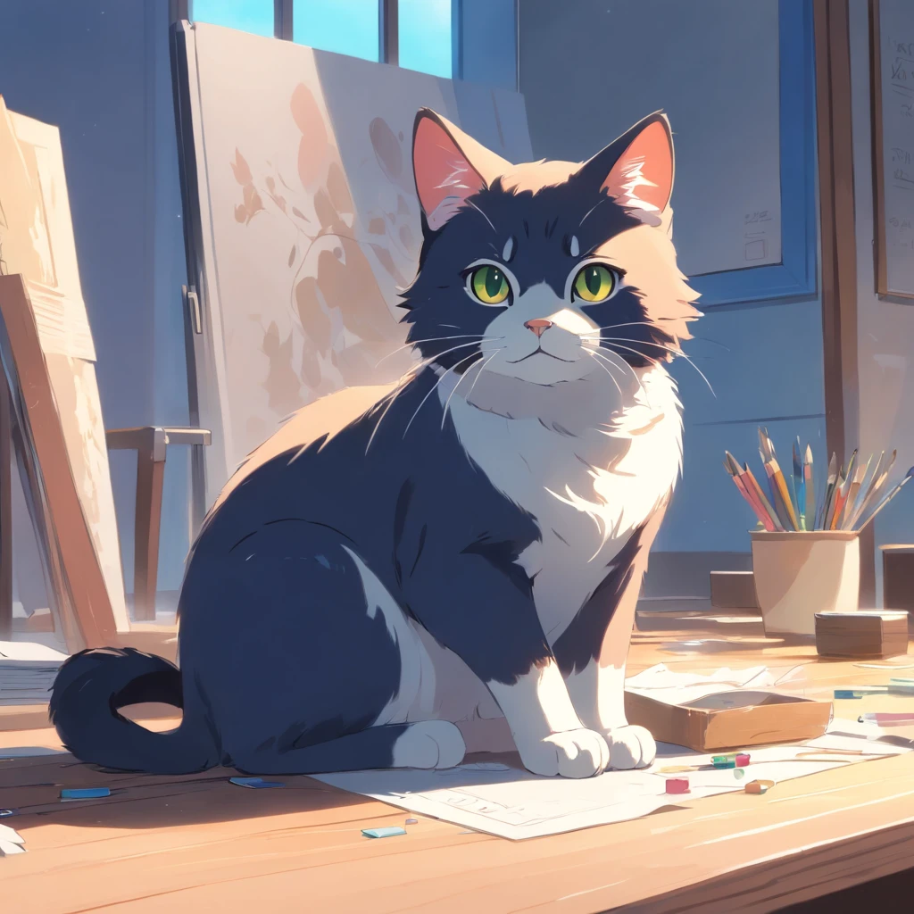 Cat in art, main color: Therefore, Secondary coloring black, White background, artistic, sleek, Cozy style, The form includes an abstract cat, Playful forms, Elegant piece, Textures include skin textures, Smooth painting, Fabric texture, The lines contain elegant lines, Natural curves, Delicate silhouette, The shape is elegant, approachable, expresive, Aesthetic.