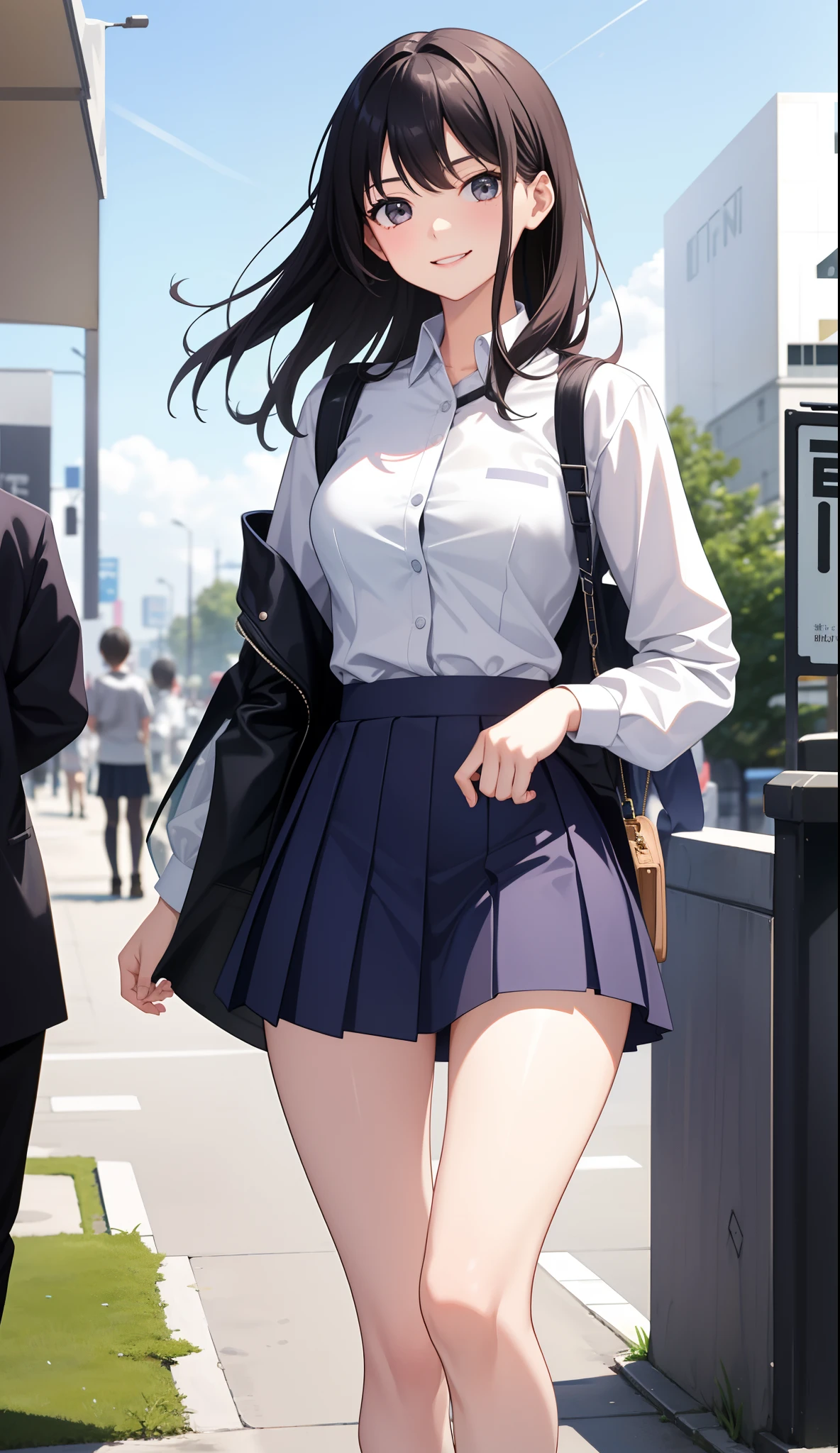 1girl in、AS-Adult、A smile、The shirt、skirt by the、(small tits)、Walking with a thigh、Upper body portrait、