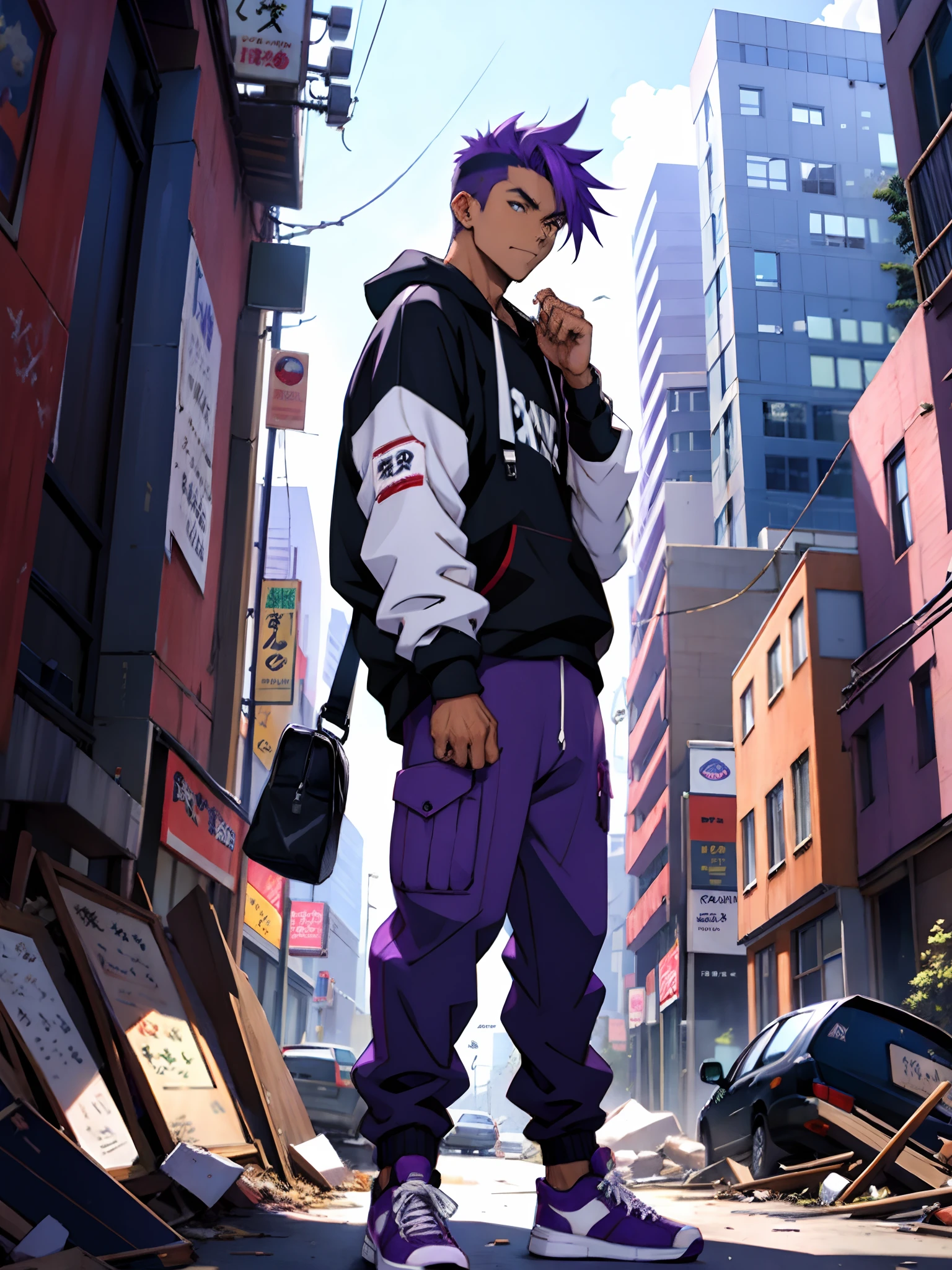 Personagem, anime, cabelo roxo, homem, jovem, moletom, City wreckage, roupa preta, purple sneakers