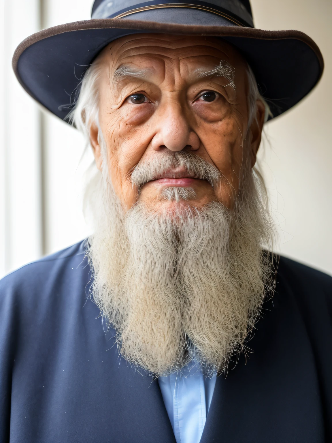 Hyper-Resolution, Ultra photo realsisim, cinema shot, Vignette, Portrait of an 80-year-old man，Look at the viewer，An elderly Asian man，Sit at your desk,Spiritual elderly,Single image，Thin and thin, Old blue eyes, Short white hair, Bookshelf background，White Viking beard, Narrow face，dark-skin, Wide shoulders, Weathered by sunlight and water, Gold pattern royal twin peaks, The Royal Chambers camera is focused on the eye, High focal length, Bust photo，Faraway view，Digital SLR, Dark Studio, rim lit, twotonelighting, Dimly lit, low tune, Backlight,
