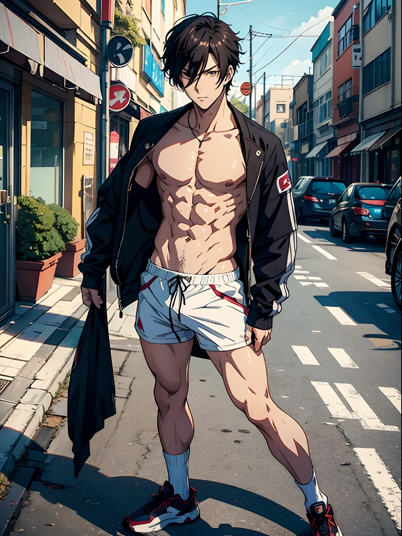 anime sexy guy in skimpy clothes, on the street, detailed picture