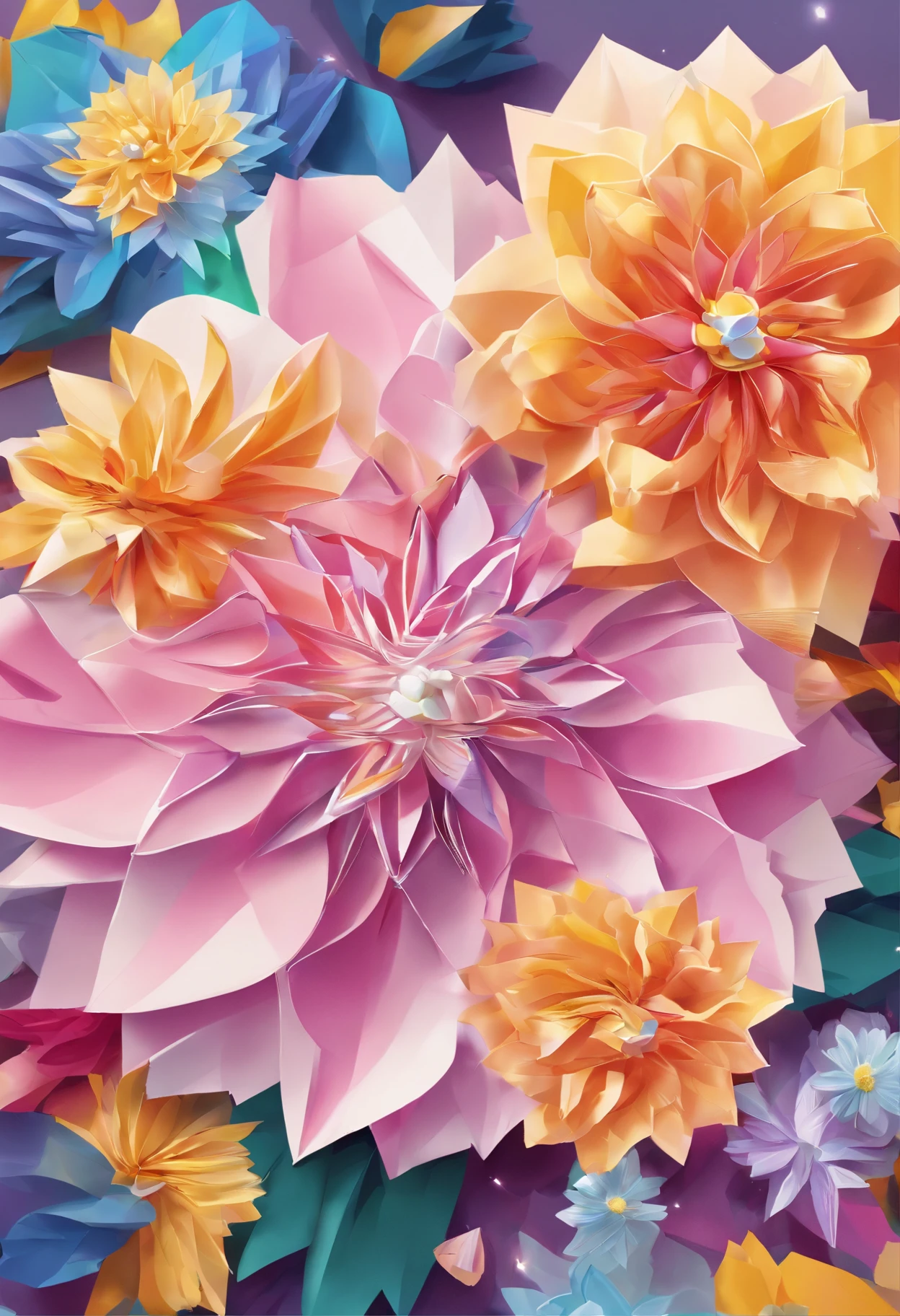 Digital art detailed for the best masterpieces, Highest Quality, with sparkling delicate yellow and pink dahlia flowers with elegant leaves,、Flowers against the background of colorful diamonds, Graceful stems, And delicate, And elegant, flowey, Glittering petals, flowercore, surrounded flower, Radiant magic representing flowers, Beautiful animations, 16k race bright flowers, Beautiful Art U Hard Disk 4k, Detailed Painting in 4K, Beautiful flowers and crystals, Luminous flowers, huge flower, light bloom, full bloom, Glowing flowers with bloom ether effect, Magic colorful flowers with flower pieces in the middle of the garden, floral environment, Beautiful Art U Hard Disk 4k, magical flowers, Flower explosion, Beautiful digital painting detailed in emergency digital photography, Detailed Painting in 4K, background artwork, Flower explosion, Floral flower color, highly-detailed digital painting, Appeared in 4K, Best Quality, hight resolution, 1080p, hard disk, 4K, 8K