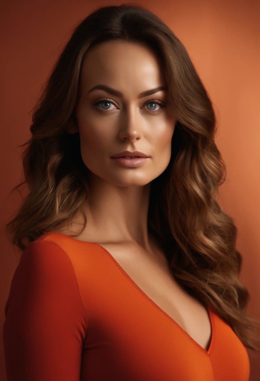 young Olivia Wilde, ((full body shot from head to toes)), solo, ((light orange tight shirt)), ((red leggings)), ((perfect hands, perfect feet, small ass, small breasts, small head)), disco party background, long hair, looking at viewer, blue eyes, ((masterpiece)), standing, blush, sexy pose, big wide chin, small forehead, natural skin, dramatic lightning, intricate details, Highres, unity 8k wallpaper, ultra detailed, aesthetic, masterpiece, best quality, photorealistic, 85mm, f1.8, portrait, hyperrealistic, super detailed, sunset lighting, high dynamic range, Detailed background, Complex and detailed face, Long eyelashes, Detailed eyes, black eyeliner, (Solo: 1.3)