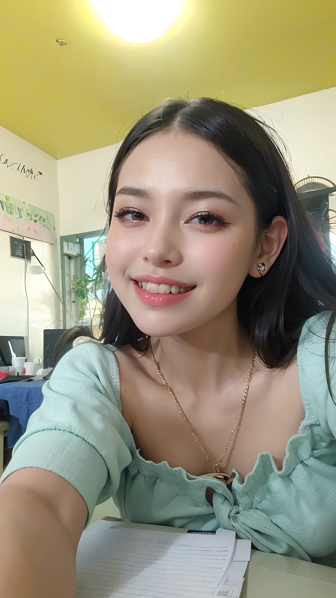 ,(tareme:1.4),huge breasts,(gorgeous young woman),light makeup,happy,straight hair,tongue,sweaty,look at viewer,off-the -shoulder sweater,shiny skin,cleavage,fellatio gesture,smile,at restroom stall
