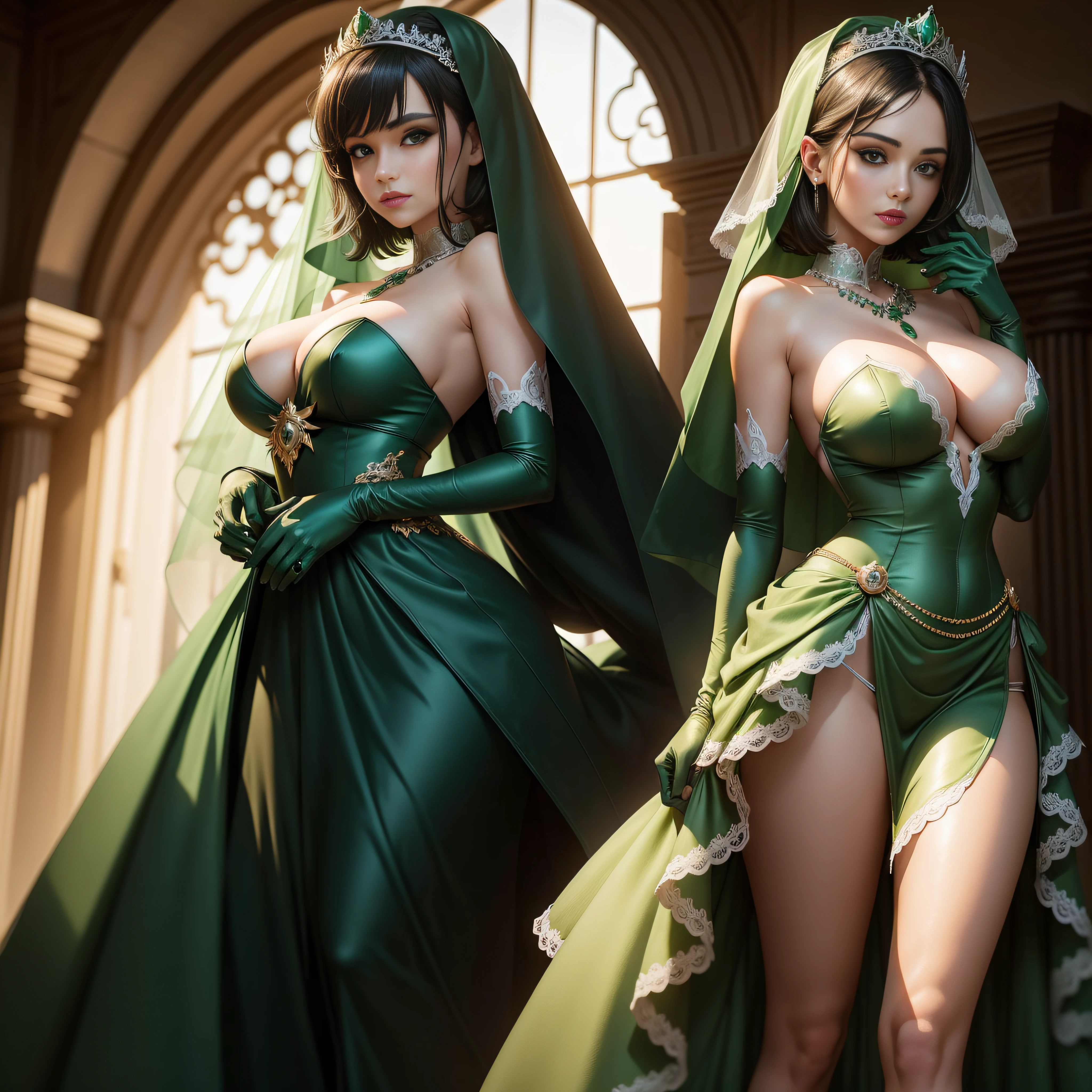 bride，Sense of atmosphere, best qualtiy，tmasterpiece，1girll，30-years old，Green dress，chies，full body Esbian, Green gloves，With short black hair,，big breasts beautiful，looking at viewert，ssmile，Green Bridal Veil，Green Long Grove，Satin green long gloves,　lipsticks, Green Pearl Necklace, Green short hair