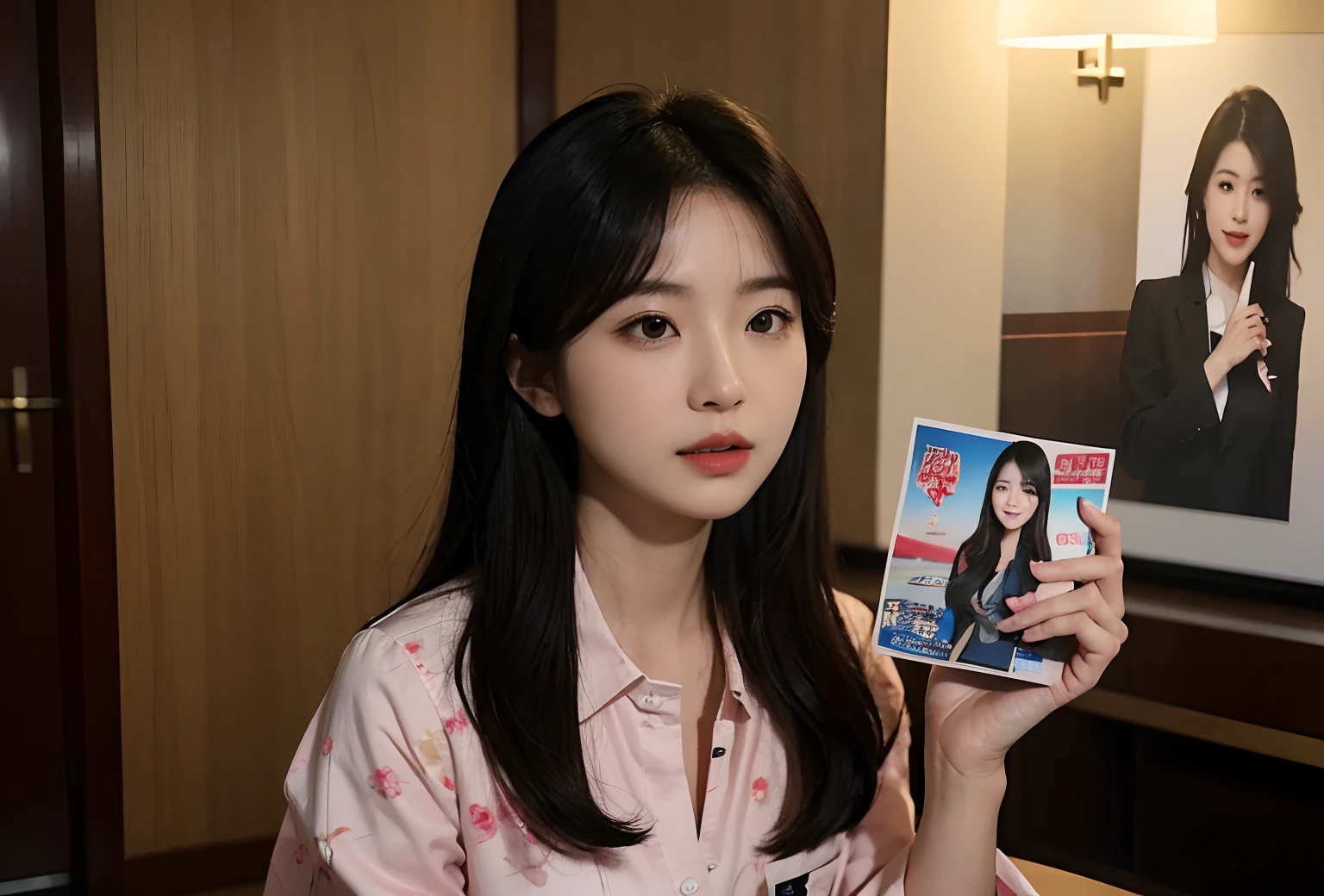 arafed asian woman holding a note with a gift in her hand, joy ang, holding gift, promotional photograph, fanart, promotional picture, inspired by Ni Yuanlu, promo still, promotional portrait, promo shot, promo photograph, promo photo, trading card, promo art, chiho, official artwork, sakimi chan, promo image