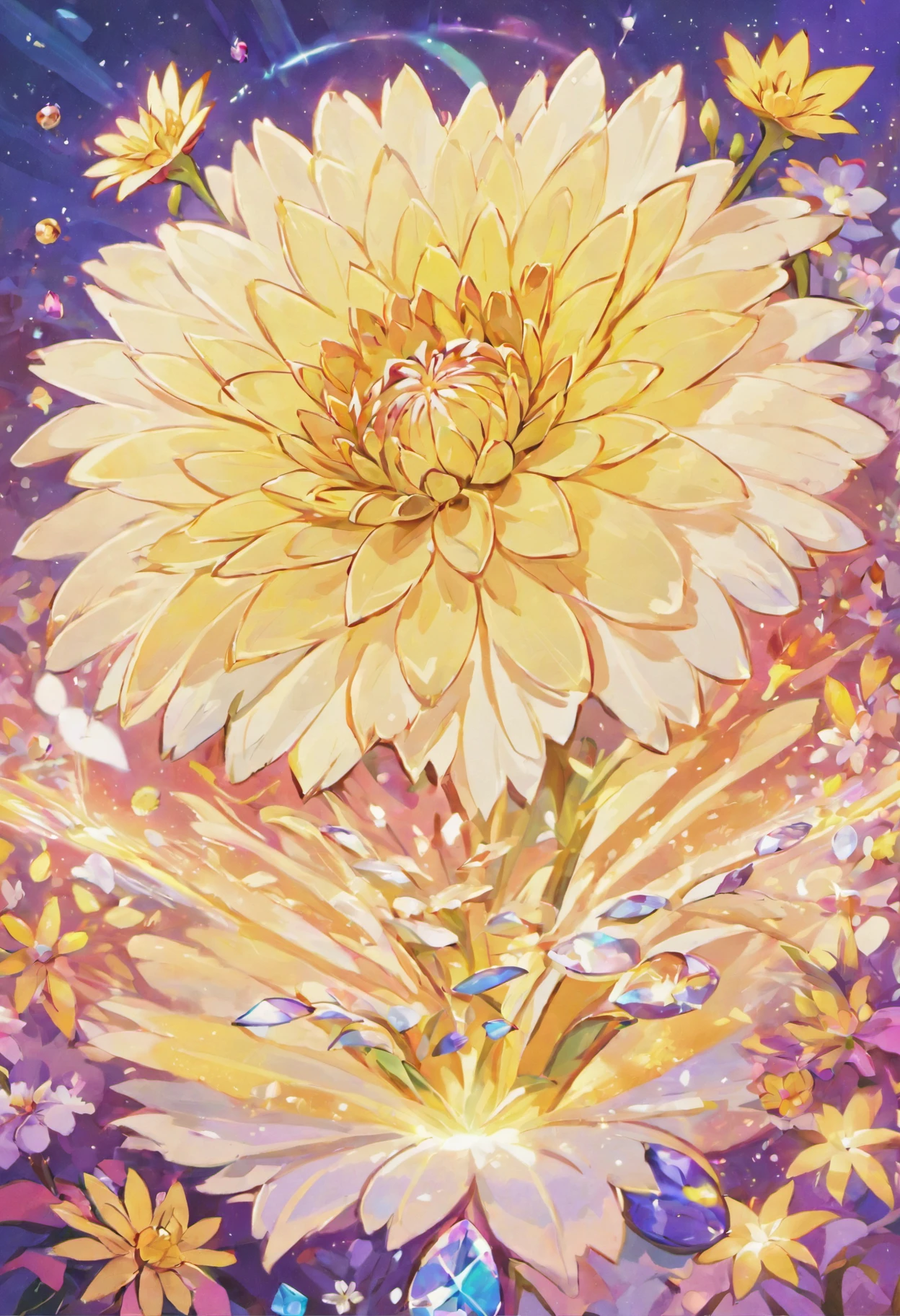 Digital art detailed for the best masterpieces, Highest Quality, with sparkling delicate yellow and pink dahlia flowers with elegant leaves,、Flowers against the background of colorful diamonds, Graceful stems, And delicate, And elegant, flowey, Glittering petals, flowercore, surrounded flower, Radiant magic representing flowers, Beautiful animations, 16k race bright flowers, Beautiful Art U Hard Disk 4k, Detailed Painting in 4K, Beautiful flowers and crystals, Luminous flowers, huge flower, light bloom, full bloom, Glowing flowers with bloom ether effect, Magic colorful flowers with flower pieces in the middle of the garden, floral environment, Beautiful Art U Hard Disk 4k, magical flowers, Flower explosion, Beautiful digital painting detailed in emergency digital photography, Detailed Painting in 4K, background artwork, Flower explosion, Floral flower color, highly-detailed digital painting, Appeared in 4K, Best Quality, hight resolution, 1080p, hard disk, 4K, 8K