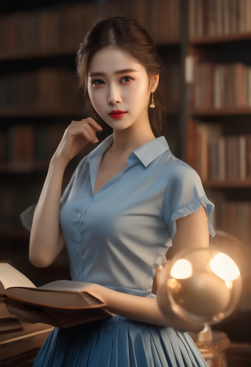 ​masterpiece、top-quality、超A high resolution、(Photorealsitic:1.4)、beautiful  lighting、RAW Photography、8k UHD、hyperdetailed face、Realistic lightning、beautiful a girl、Sweet girl、((Wearing a blue shirt and a long pleated skirt))、library、longshot、full of shyness、Hide your face behind a book、redeye