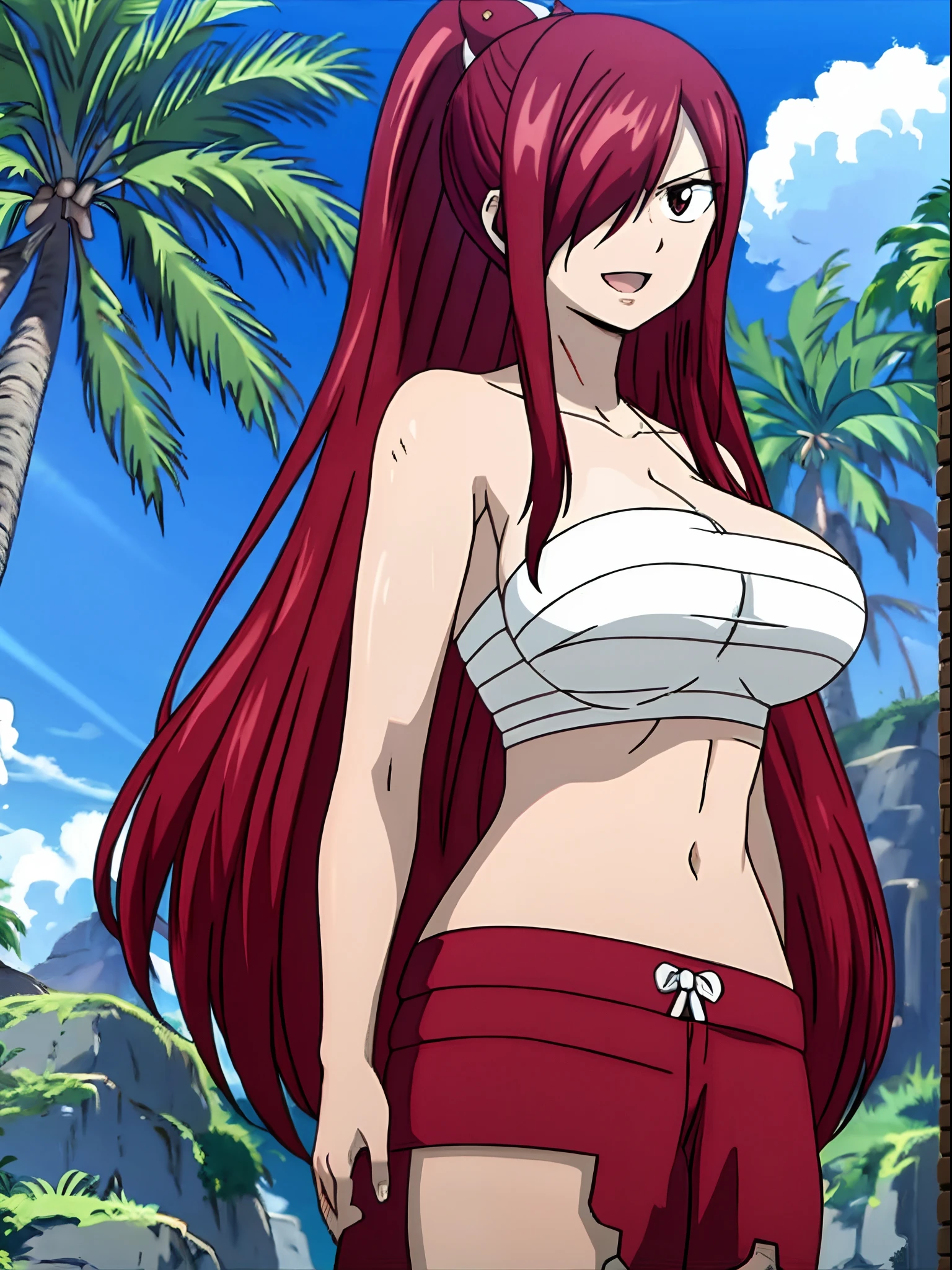 masterpiece, anime style, beach, best quality, highres, fairy tail, 1girl, long hair, ponytail, reddish hair, (bang cover one eye, one hidden eye, brown eye), large breasts, collarbone, midriff, black bikini, standing, outdoors, smile, open mouth, emo hair, thick arms, broad shoulders, mature woman, (tall), wide shoulders, long belly, strong arms,