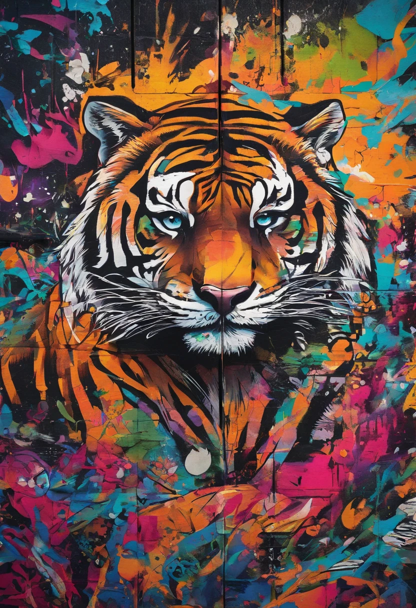 (best quality,4k,Alto,master part:1.2),ultra-detalhado,(Realistic,fotorrealista,photo-realistic:1.37),HDR,UHD,studio lighting,Tinta ultrafina,lindo desenho em um paredao de pedra,grafiti espetacular,cores vivas,foco nítido,Physically-based rendering,extreme detail description,profissional,vivid colors,Bokeh,cinemactic,bordado,tigre maligno,fictional animal,equiretangular 360,rei do Planeta Terra,arte por Michael Hutter,fotografia 35mm,Film,profissional,altamente detalhado