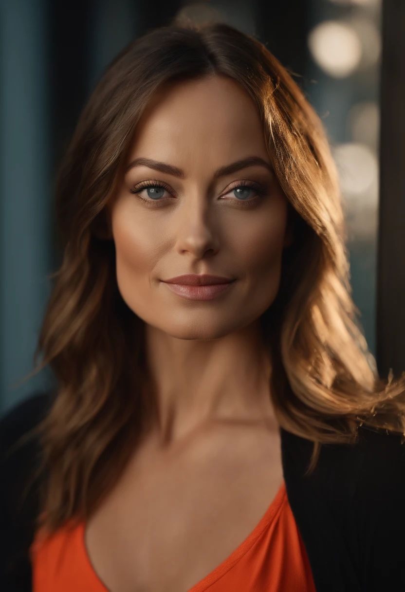 young Olivia Wilde, ((full body shot from head to toes)), solo, ((light orange tight shirt)), ((red leggings)), ((perfect hands, perfect feet, small ass, large breasts, small head)), disco party background, long hair, looking at viewer, blue eyes, ((masterpiece)), standing, blush, sexy pose, big wide chin, small forehead, natural skin, dramatic lightning, intricate details, Highres, unity 8k wallpaper, ultra detailed, aesthetic, masterpiece, best quality, photorealistic, 85mm, f1.8, portrait, hyperrealistic, super detailed, sunset lighting, high dynamic range, Detailed background, Complex and detailed face, Long eyelashes, Detailed eyes, black eyeliner, (Solo: 1.3)