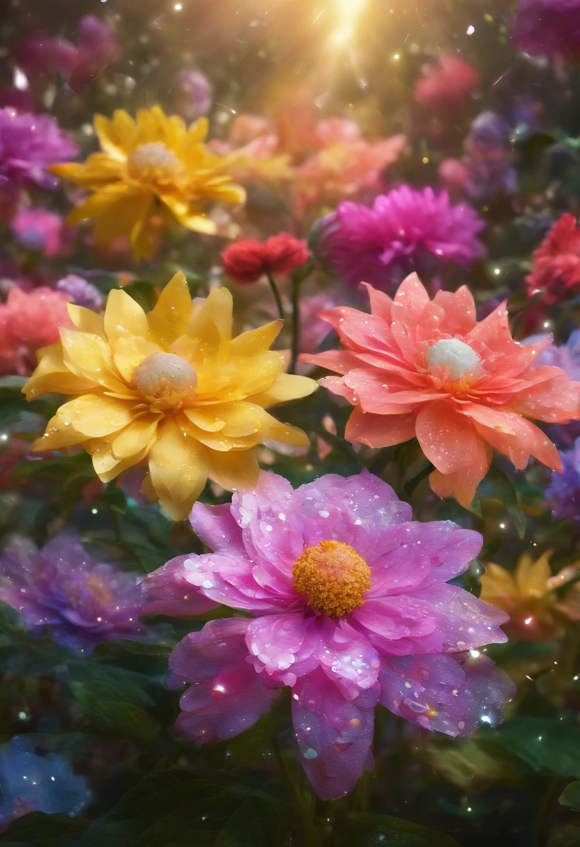 Digital art detailed for the best masterpieces, Highest Quality, with sparkling delicate yellow and pink dahlia flowers with elegant leaves,、Flowers against the background of colorful diamonds, Graceful stems, And delicate, And elegant, flowey, Glittering petals, flowercore, surrounded flower, Radiant magic representing flowers, Beautiful animations, 16k race bright flowers, Beautiful Art U Hard Disk 4k, Detailed Painting in 4K, Beautiful flowers and crystals, Luminous flowers, huge flower, light bloom, full bloom, Glowing flowers with bloom ether effect, Magic colorful flowers with flower pieces in the middle of the garden, floral environment, Beautiful Art U Hard Disk 4k, magical flowers, Flower explosion, Beautiful digital painting detailed in emergency digital photography, Detailed Painting in 4K, background artwork, Flower explosion, Floral flower color, highly-detailed digital painting, Appeared in 4K, Best Quality, hight resolution, 1080p, hard disk, 4K, 8K