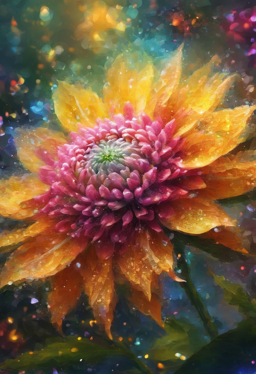 Digital art detailed for the best masterpieces, Highest Quality, with sparkling delicate yellow and pink dahlia flowers with elegant leaves,、Flowers against the background of colorful diamonds, Graceful stems, And delicate, And elegant, flowey, Glittering petals, flowercore, surrounded flower, Radiant magic representing flowers, Beautiful animations, 16k race bright flowers, Beautiful Art U Hard Disk 4k, Detailed Painting in 4K, Beautiful flowers and crystals, Luminous flowers, huge flower, light bloom, full bloom, Glowing flowers with bloom ether effect, Magic colorful flowers with flower pieces in the middle of the garden, floral environment, Beautiful Art U Hard Disk 4k, magical flowers, Flower explosion, Beautiful digital painting detailed in emergency digital photography, Detailed Painting in 4K, background artwork, Flower explosion, Floral flower color, highly-detailed digital painting, Appeared in 4K, Best Quality, hight resolution, 1080p, hard disk, 4K, 8K
