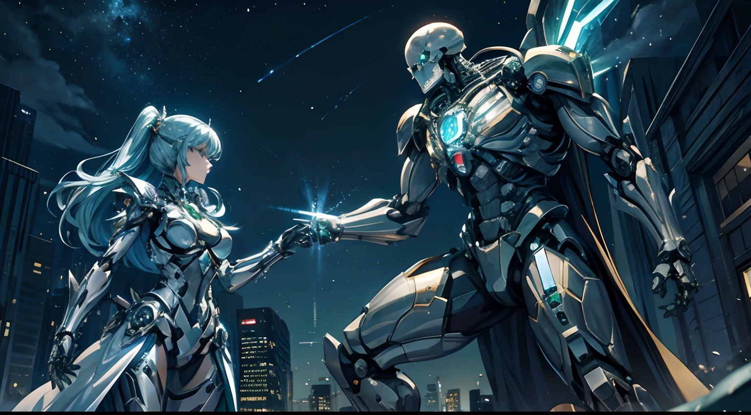 World of science fiction、Made with topaz and emerald2Fighting scene of a man android girl、Superalloy skeleton of a shining body、Night city、Cinematic lighting