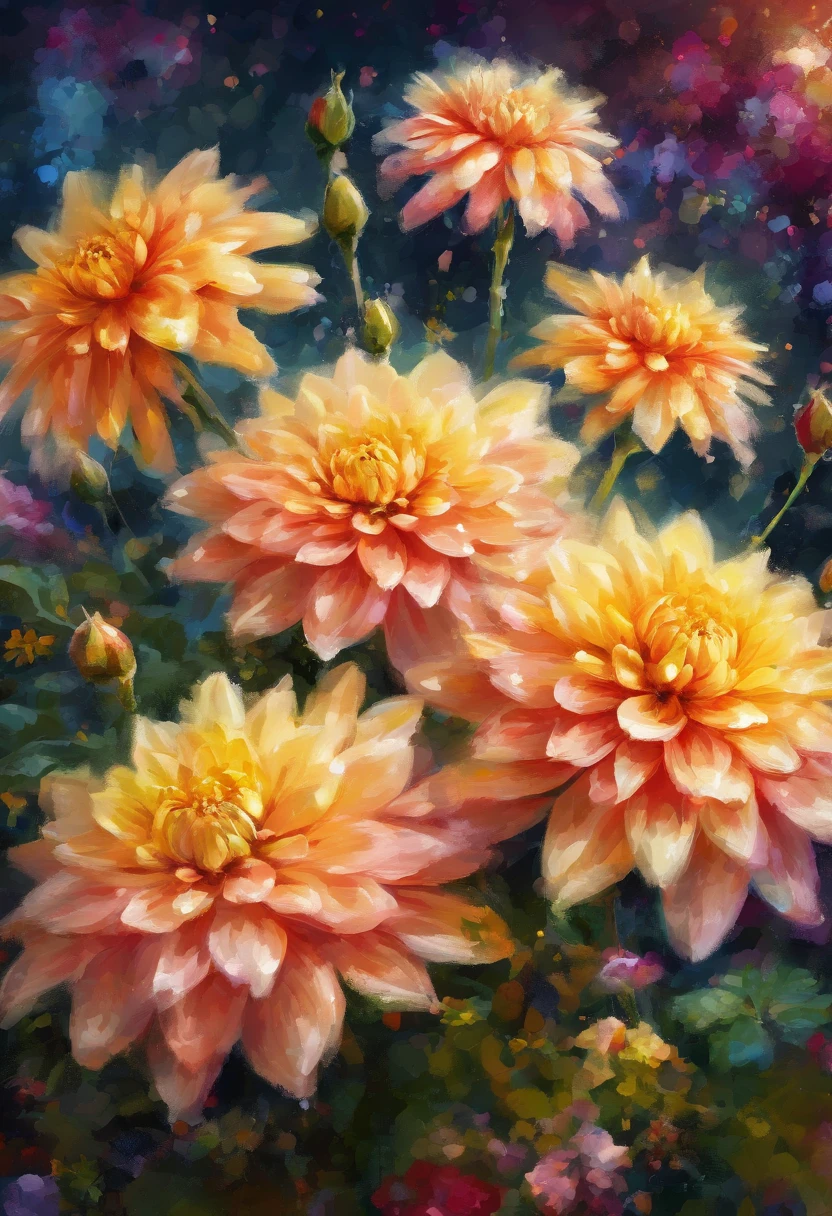 Digital art detailed for the best masterpieces, Highest Quality, with sparkling delicate yellow and pink dahlia flowers with elegant leaves,、Flowers against the background of colorful diamonds, Graceful stems, And delicate, And elegant, flowey, Glittering petals, flowercore, surrounded flower, Radiant magic representing flowers, Beautiful animations, 16k race bright flowers, Beautiful Art U Hard Disk 4k, Detailed Painting in 4K, Beautiful flowers and crystals, Luminous flowers, huge flower, light bloom, full bloom, Glowing flowers with bloom ether effect, Magic colorful flowers with flower pieces in the middle of the garden, floral environment, Beautiful Art U Hard Disk 4k, magical flowers, Flower explosion, Beautiful digital painting detailed in emergency digital photography, Detailed Painting in 4K, background artwork, Flower explosion, Floral flower color, highly-detailed digital painting, Appeared in 4K, Best Quality, hight resolution, 1080p, hard disk, 4K, 8K