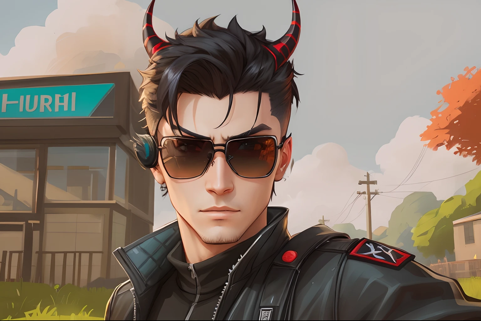 a close up of a person wearing sunglasses and a jacket, halfbody headshot, with horns, in the style of sifu 🔥 😎 🕹️ 👀 :2, headshot profile picture, realism in style of fornite game, as a fortnite character, ingame image, omen from valorant, jett from valorant, horns on head, horns and red eyes
