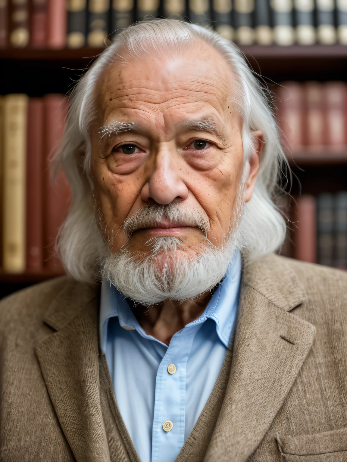 Hyper-Resolution, Ultra photo realsisim, cinema shot, Vignette, Portrait of an 80-year-old man,Look at the viewer,An elderly Asian man,Sit at your desk,Spiritual old man,Single image,Thin and thin, Old blue eyes, Short white hair, Bookshelf background,White Viking beard, Narrow face,dark-skin, Wide shoulders, Weathered by sunlight and water, Gold pattern royal twin peaks, The Royal Chambers camera is focused on the eye, High focal length, Bust photo,Faraway view,Digital SLR, Dark Studio, rim lit, twotonelighting, Dimly lit, low tune, Backlight,