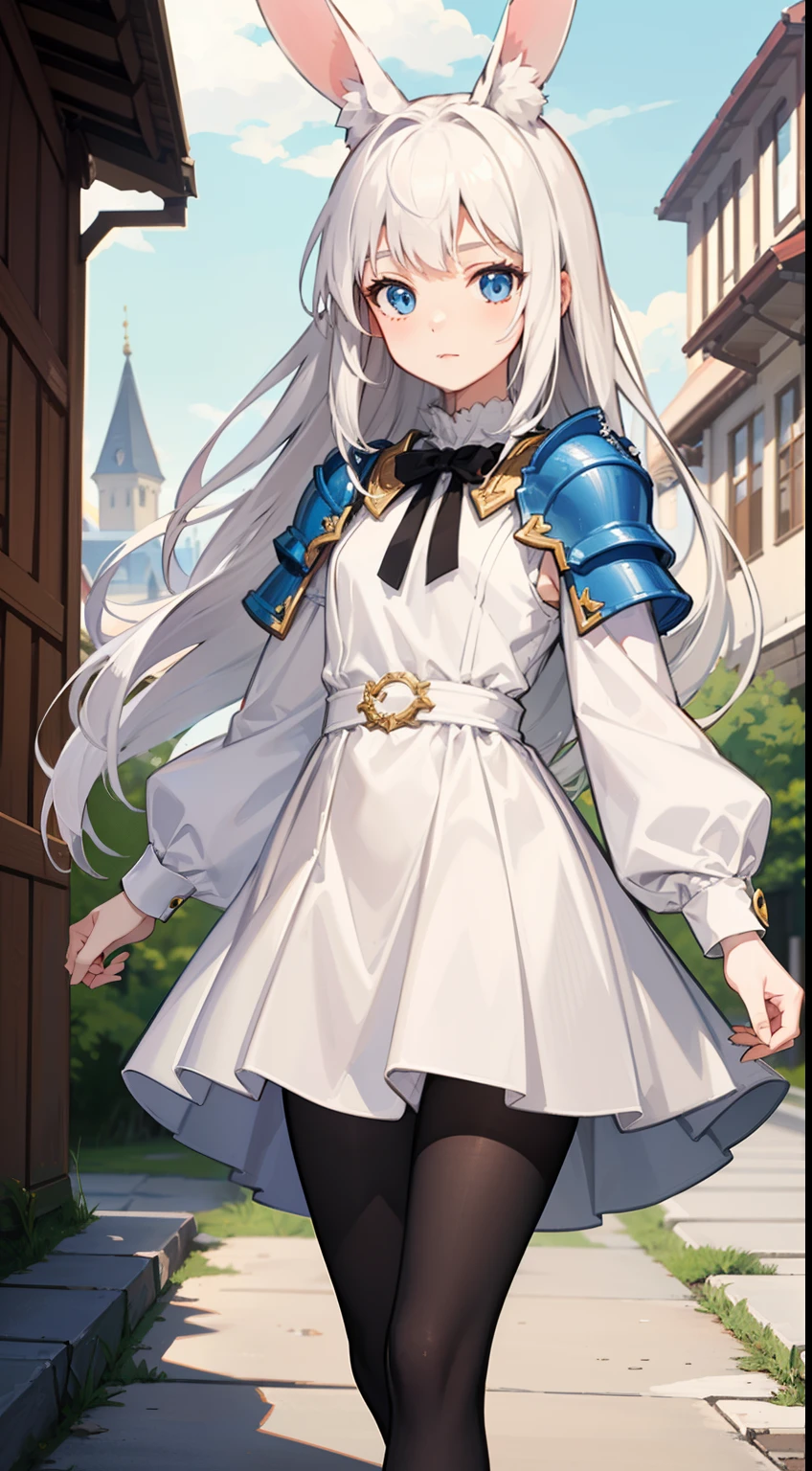 1rabbit girl,(small),solo,white hair,Long rabbit ear,blue eyes,long hair,white blouse,white skirt,gold armor shoulder pads,knight,masterpiece,best face,detailed face,innocent face,walking in castle,neutral face,(black pantyhose)