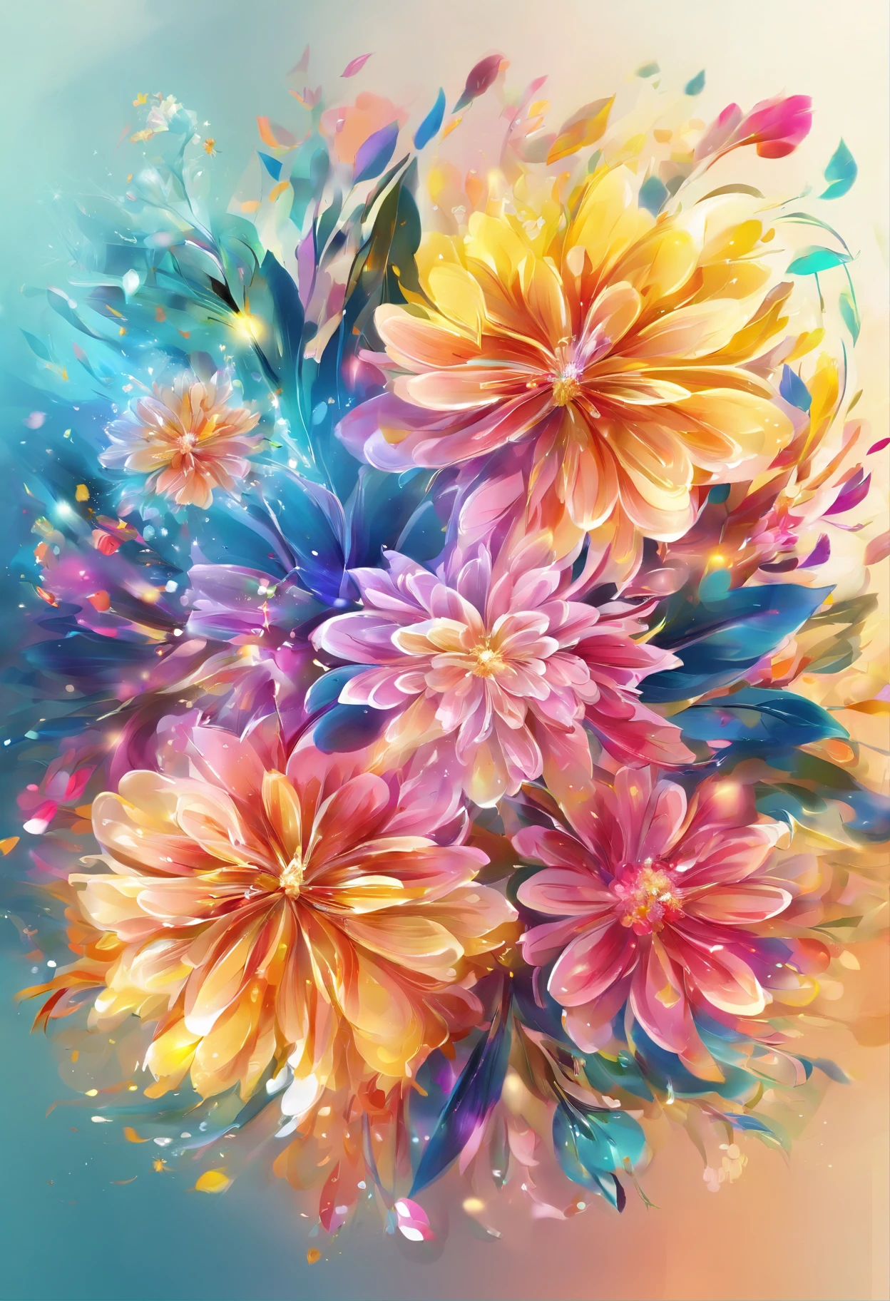 Digital art detailed for the best masterpieces, Highest Quality, with sparkling delicate yellow and pink dahlia flowers with elegant leaves,、Flowers against the background of colorful diamonds, Graceful stems, And delicate, And elegant, flowey, Glittering petals, flowercore, surrounded flower, Radiant magic representing flowers, Beautiful animations, 16k race bright flowers, Beautiful Art U Hard Disk 4k, Detailed Painting in 4K, Beautiful flowers and crystals, Luminous flowers, huge flower, light bloom, full bloom, Glowing flowers with bloom ether effect, Magic colorful flowers with flower pieces in the middle of the garden, floral environment, Beautiful Art U Hard Disk 4k, magical flowers, Flower explosion, Beautiful digital painting detailed in emergency digital photography, Detailed Painting in 4K, background artwork, Flower explosion, Floral flower color, highly-detailed digital painting, Appeared in 4K, Best Quality, hight resolution, 1080p, hard disk, 4K, 8K