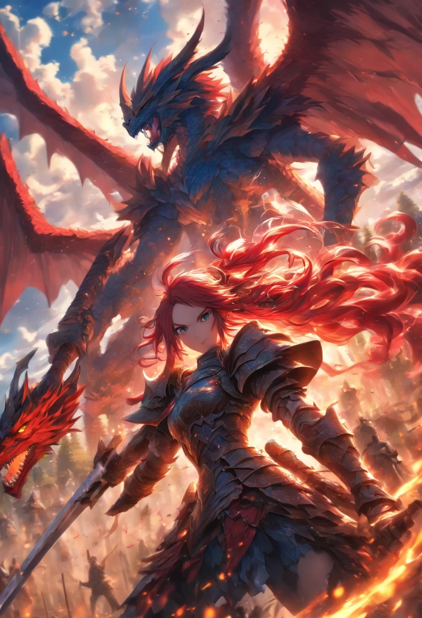 2 girls in armor with long sword, Blue and red hair fight against devils with, Dragon-like wings hinder clouds and forest, UHD, masterpiece, anatomically correct, high details, super detail, textured skin, best quality, 8k