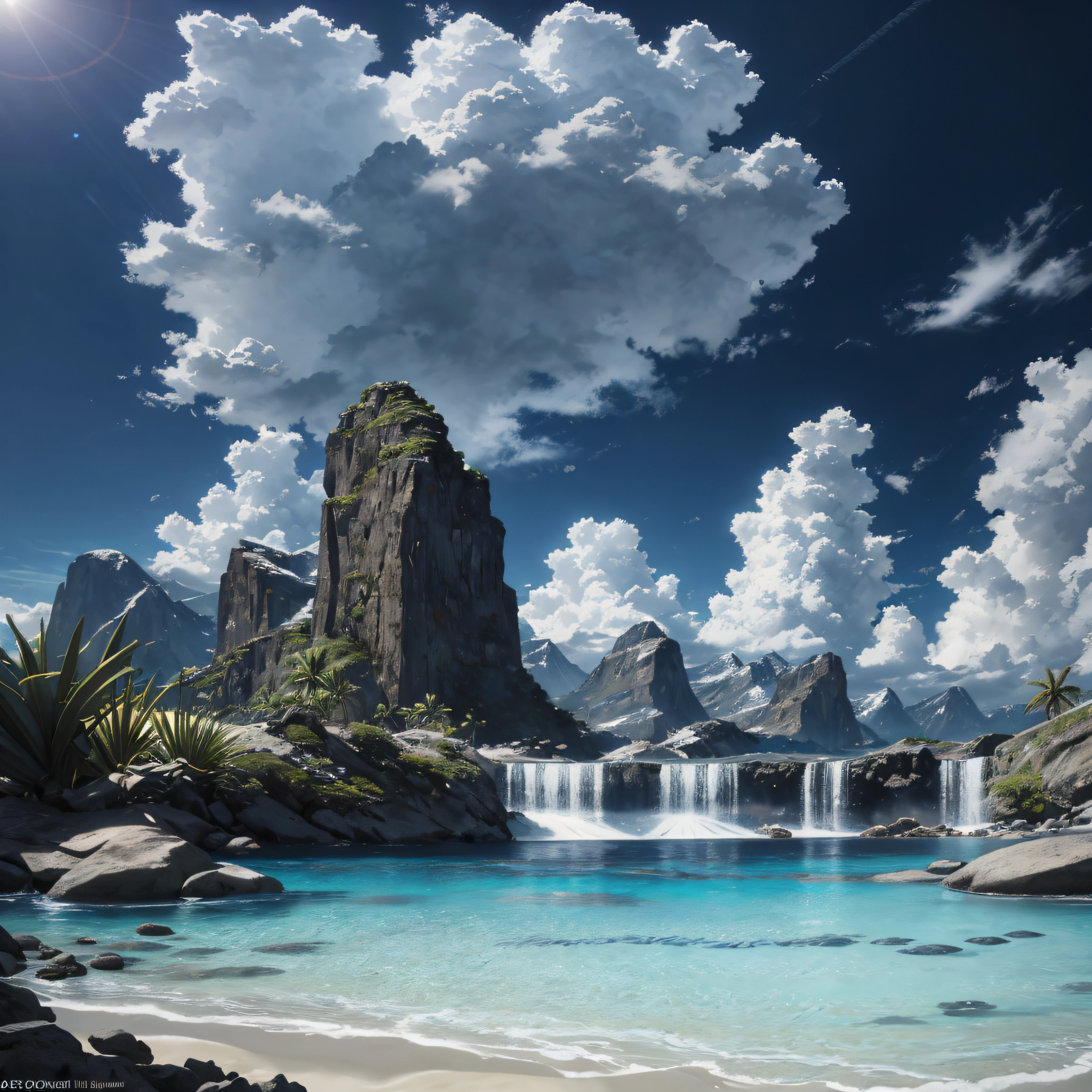 (best quality,4k,8k,highres,masterpiece:1.2),ultra-detailed,(realistic,photorealistic,photo-realistic:1.37),clear beach,tropical paradise,waterfall cascade,vibrant plant group,islands,massive clouds,palm trees,azure sky,warm weather,high-definition details,ultra-detail,movie feel,surrealism,soft light accentuation,bokeh against shallow depth of field,far away snow-capped mountains,radiance tracing, and hyperrealism.