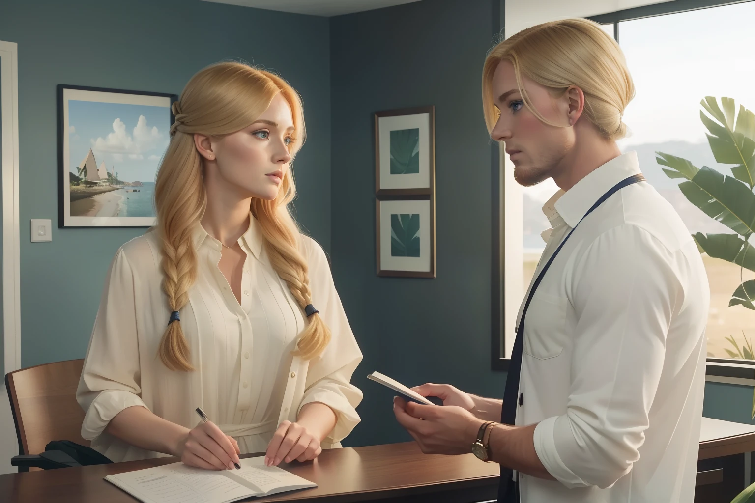 Year: 2023. Location: South Carolina. pre-raphaelite blonde woman, talking to a ((man)), inside an island ((real estate office)), interview, ((2020s casual clothes)) ((2020s hairstyle)) ((in the style of "OMITB")) ((cinematic style))