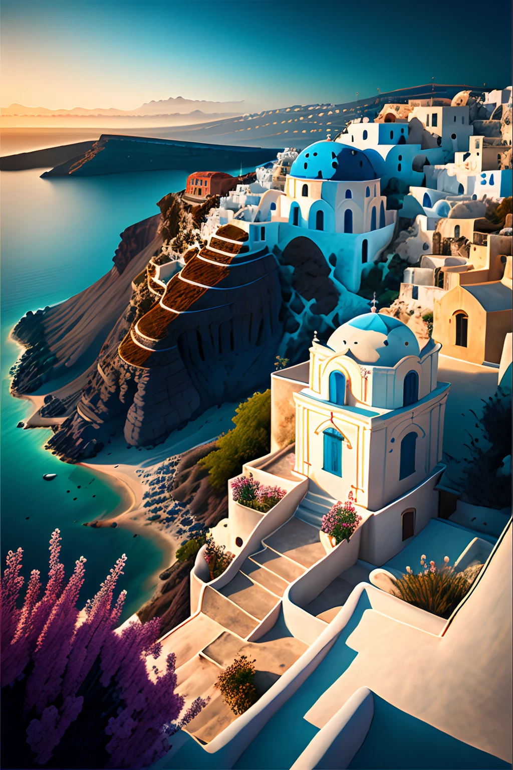 landscape, Photography, santorini, Blue dome, flower, chies, City, cliff, dawn, Epic, Cinematic, cliff, Ocean, opulent, Realistic,ADVNTR