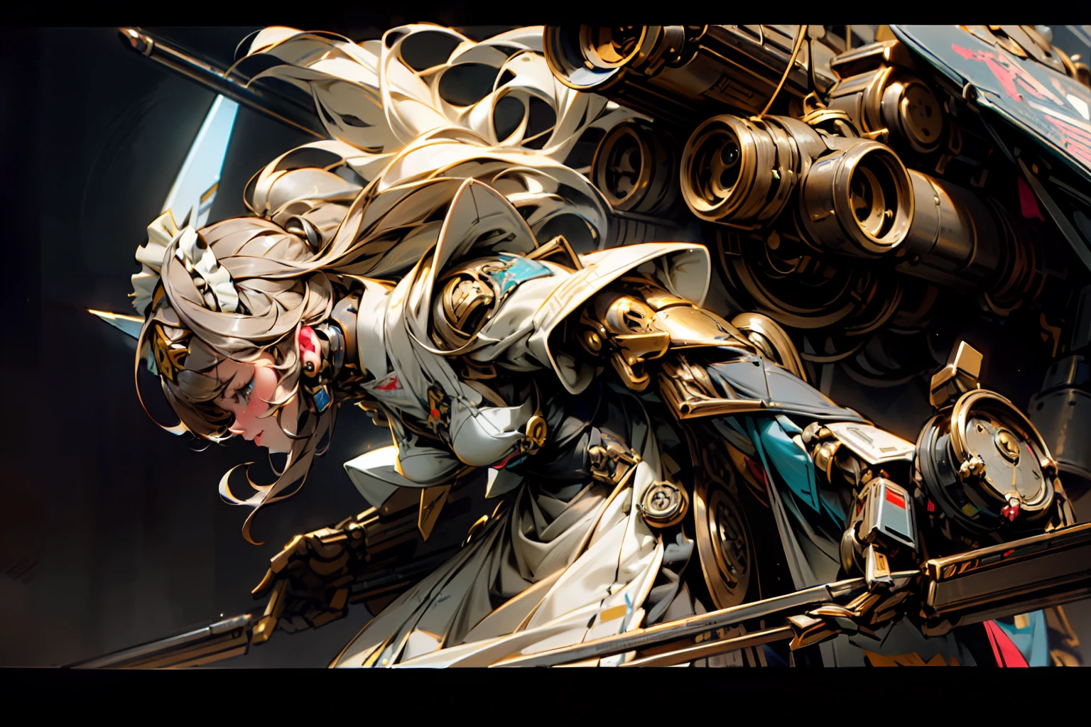 steampunk graphic novel illustration, (utterly cute wolf-type mecha:1.2), (headband-type-mecha:1.3), high heel type mecha, mega long skirt type hover jet, (((mechanical maid uniform mecha:1.3))), mechanical arm, long diamond claws, mecha fang, eye radar lens, (cinematic still and angle with lighting:1.3), hand vulcan, hand missile, intricate details and unique style. meticulously detailed, detailing oil painting of illustration, high quality, crisp and sharp resolution. professional level of detail and precision. ((stunningly beautiful visual quality:1.2)). exquisite high-definition drawing, white, dark cyan red, ash gray, dark gray, white black, dark cyan yellow, deep techno, insane details, nature landscape background detail, cybernetics, (precise delicate facial details:1.3),