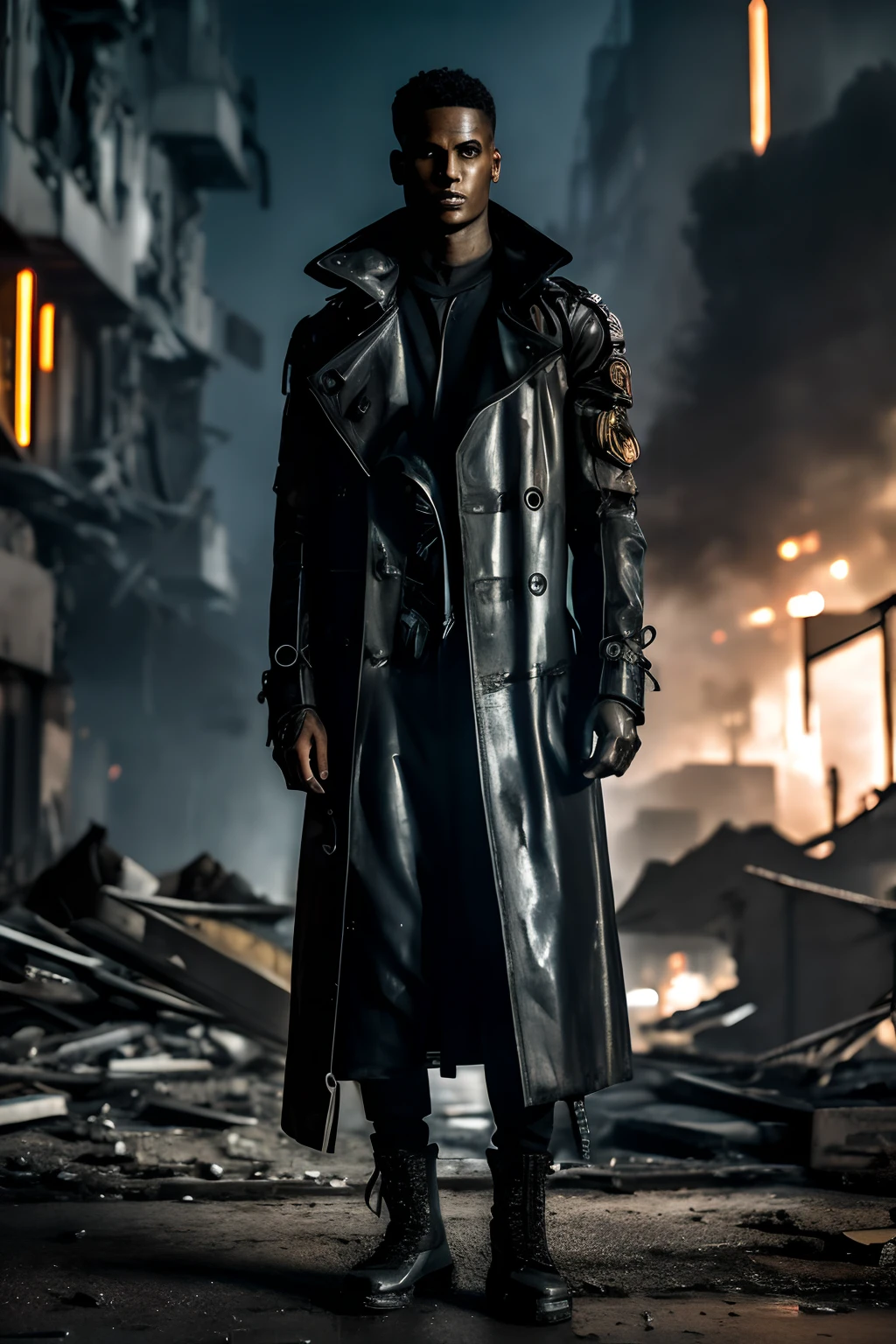 In a dystopian wasteland, a mysterious figure with cybernetic enhancements emerges. Their eyes glow with neon intensity as they stand amidst rubble, a gritty symbol of rebellion. Show us their worn leather trench coat, jagged mechanical limbs, and a powerful, customized weapon reflecting the harsh reality of their existence.