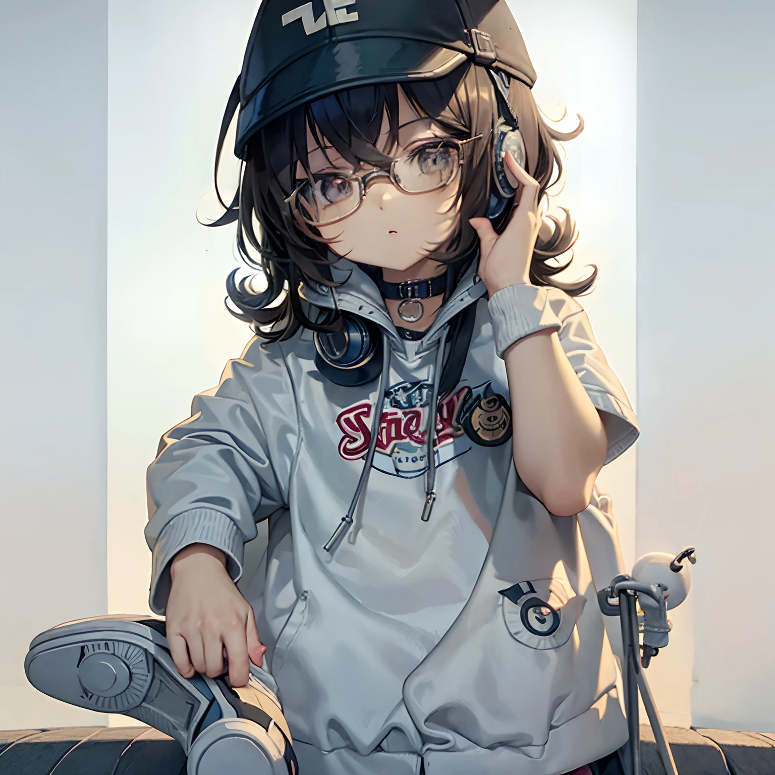 C4tt4stic, Cute 10 year old girl,Cartoon on a jacket and skateboard, Sunglasses,Headphone neck,