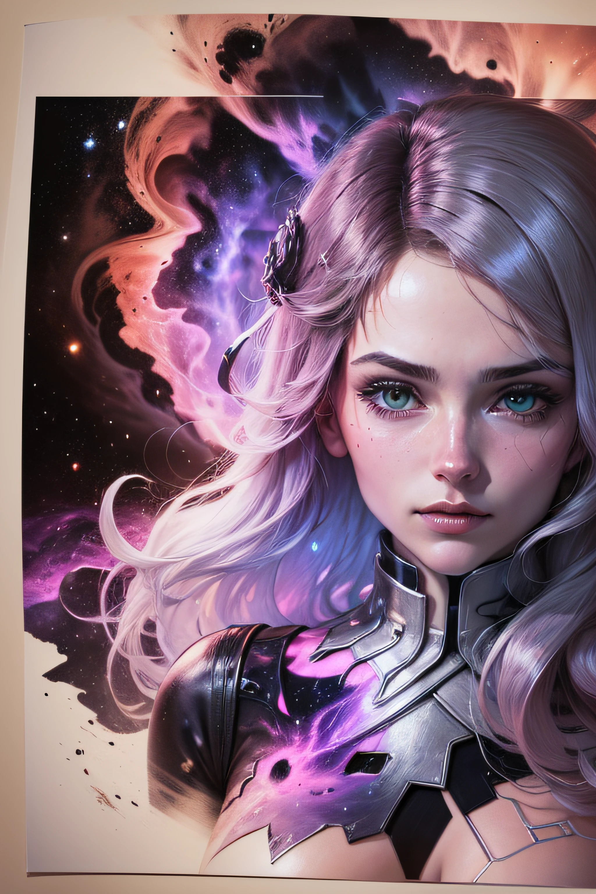 highly detailed close portrait of josierz, by james gilleard, by kaethe butcher, by greg rutkowski, by konstantin yuon, 4 k resolution, nier : automata inspired, bravely default inspired, vibrant but dreary but upflifting red, black and white color scheme!!! ( ( space nebula background ) )