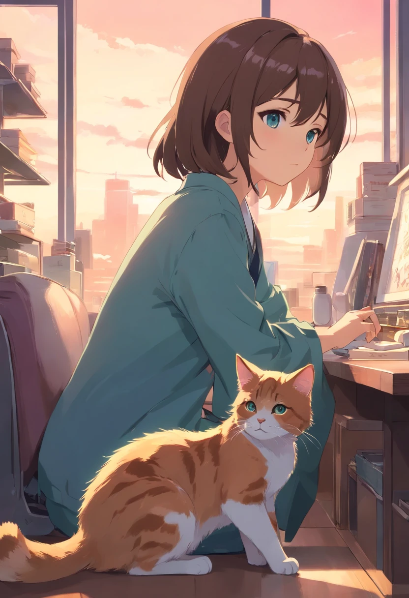 Cat in art, Narrow-eyed grooming、leisure、main color:brack, Cyan secondary color, Pastel pink background, artistic, sleek, Warm style, Shapes include abstract cats, Playful forms, Elegant piece, Textures include coat textures, Smooth painting, Fabric texture, The lines contain elegant lines, Natural curves, Delicate silhouette, The shape is elegant, inaccessible, expresive, Aesthetic.
