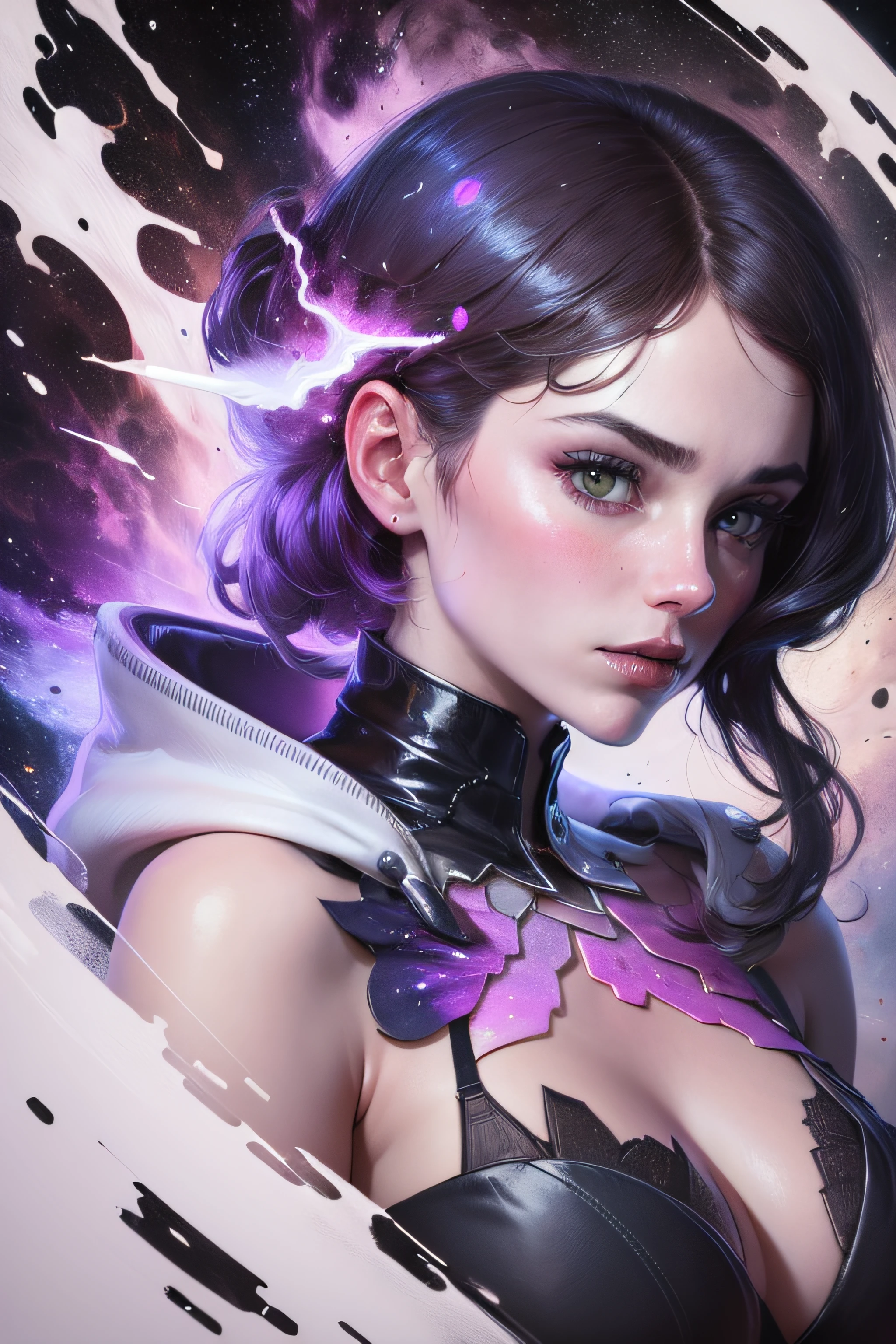 highly detailed close portrait of josierz, by james gilleard, by kaethe butcher, by greg rutkowski, by konstantin yuon, 4 k resolution, nier : automata inspired, bravely default inspired, vibrant but dreary but upflifting red, black and white color scheme!!! ( ( space nebula background ) )