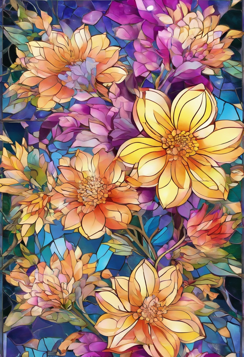 Digital art detailed for the best masterpieces, Highest Quality, with sparkling delicate yellow and pink dahlia flowers with elegant leaves,、Against the background of multicolored diamonds, Graceful stems, And delicate, And elegant, flowey, Glittering petals, flowercore, surrounded flower, Radiant magic representing flowers, Beautiful animations, 16k race bright flowers, Beautiful Art U Hard Disk 4k, Detailed Painting in 4K, Beautiful flowers and crystals, Luminous flowers, huge flower, light bloom, full bloom, Glowing flowers with bloom ether effect, Magic colorful flowers with flower pieces in the middle of the garden, floral environment, Beautiful Art U Hard Disk 4k, magical flowers, Flower explosion, Beautiful digital painting detailed in emergency digital photography, Detailed Painting in 4K, background artwork, Flower explosion, Floral flower color, highly-detailed digital painting, Appeared in 4K, Best Quality, hight resolution, 1080p, hard disk, 4K, 8K