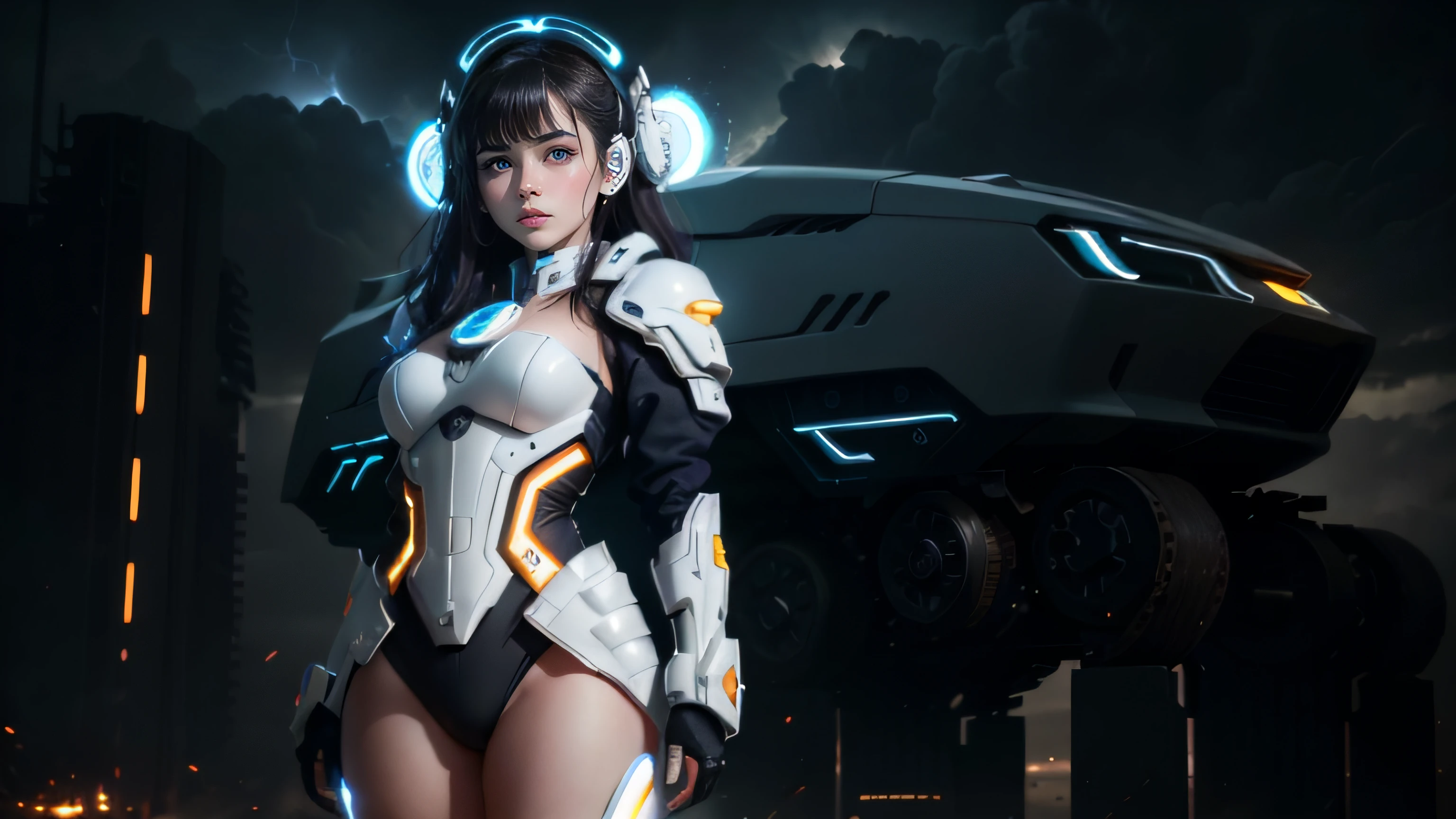 realistic visual effects,attractive beautiful,dramatic contrast,Gentle lighting,Delicate warmth,the soft light,hyper HD,Extremely colorful,best qualityer,Snow-whiteskin,8K high quality,Sexy goddess,A pair of big eyes are beautiful and moving,White skin,Makeup,Sexy outfit,Armed with futuristic modern weapons,gold;jewely;Blue Electric,【Background with】Large gears,Large gears,Doomsday ruins,Giant tornado,Strange sky,Lightning Thunder,The setting sun burns the dark clouds,Multiple planets,The end of the world,Multiple planets,Mards,Jupiter,Mercury,Strange sky,Giant Tornado ultra-futuristic car,Cool headlights。