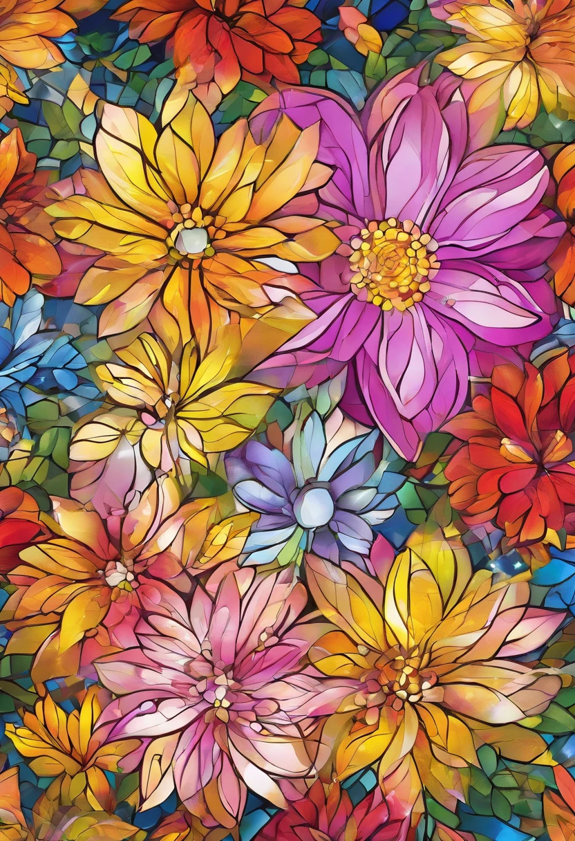 Digital art detailed for the best masterpieces, Highest Quality, with sparkling delicate yellow and pink dahlia flowers with elegant leaves,、Against the background of multicolored diamonds, Graceful stems, And delicate, And elegant, flowey, Glittering petals, flowercore, surrounded flower, Radiant magic representing flowers, Beautiful animations, 16k race bright flowers, Beautiful Art U Hard Disk 4k, Detailed Painting in 4K, Beautiful flowers and crystals, Luminous flowers, huge flower, light bloom, full bloom, Glowing flowers with bloom ether effect, Magic colorful flowers with flower pieces in the middle of the garden, floral environment, Beautiful Art U Hard Disk 4k, magical flowers, Flower explosion, Beautiful digital painting detailed in emergency digital photography, Detailed Painting in 4K, background artwork, Flower explosion, Floral flower color, highly-detailed digital painting, Appeared in 4K, Best Quality, hight resolution, 1080p, hard disk, 4K, 8K