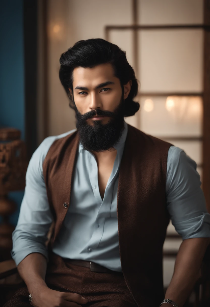 (Oriental man with elegant clothes), ), (porter une longue barbe ample,) (portrait) Attractive and serious look, Dark black hair, Elegant and elegant, et T-shirt fort, (Realistic and high-quality image), in the background Scandinavian apartment with designer furniture and blue wall color in the background, ((Best quality, 8k, Master part).